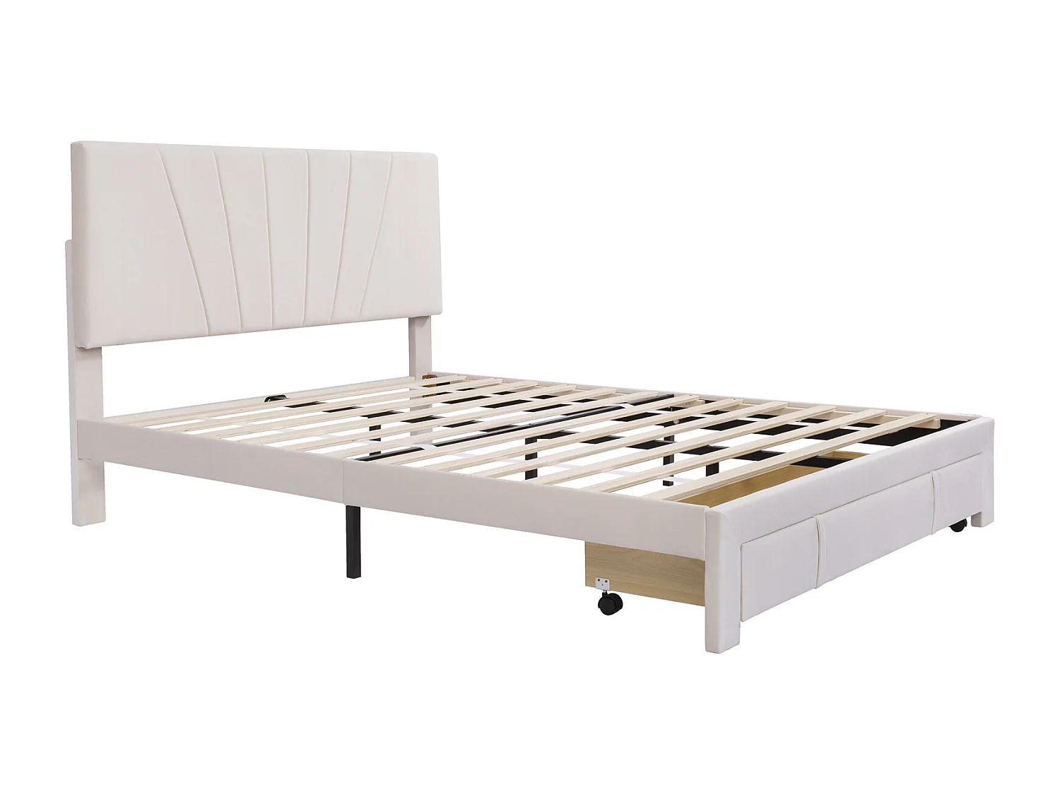 Gestoffeerd bed 140×200 cm met lattenbodem en grote lade – Beige fluweel