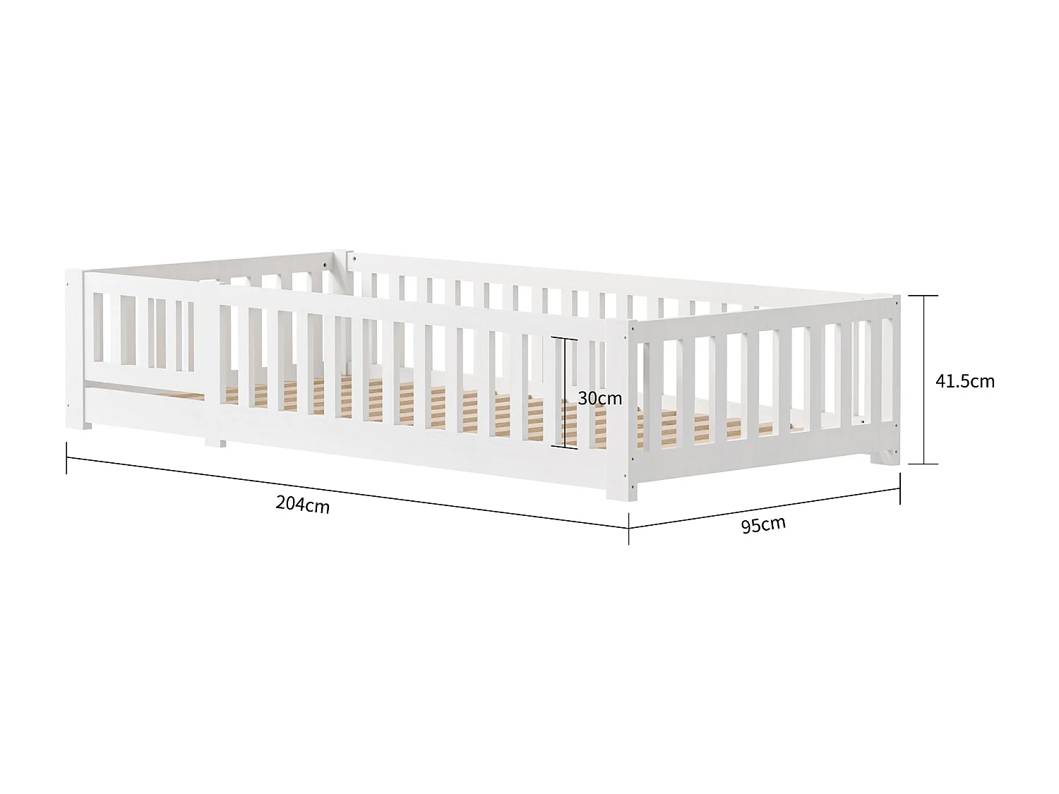 Lit cabane enfant 90×200 cm en pin massif avec barrière antichute et sommier à lattes – Blanc, style ludique