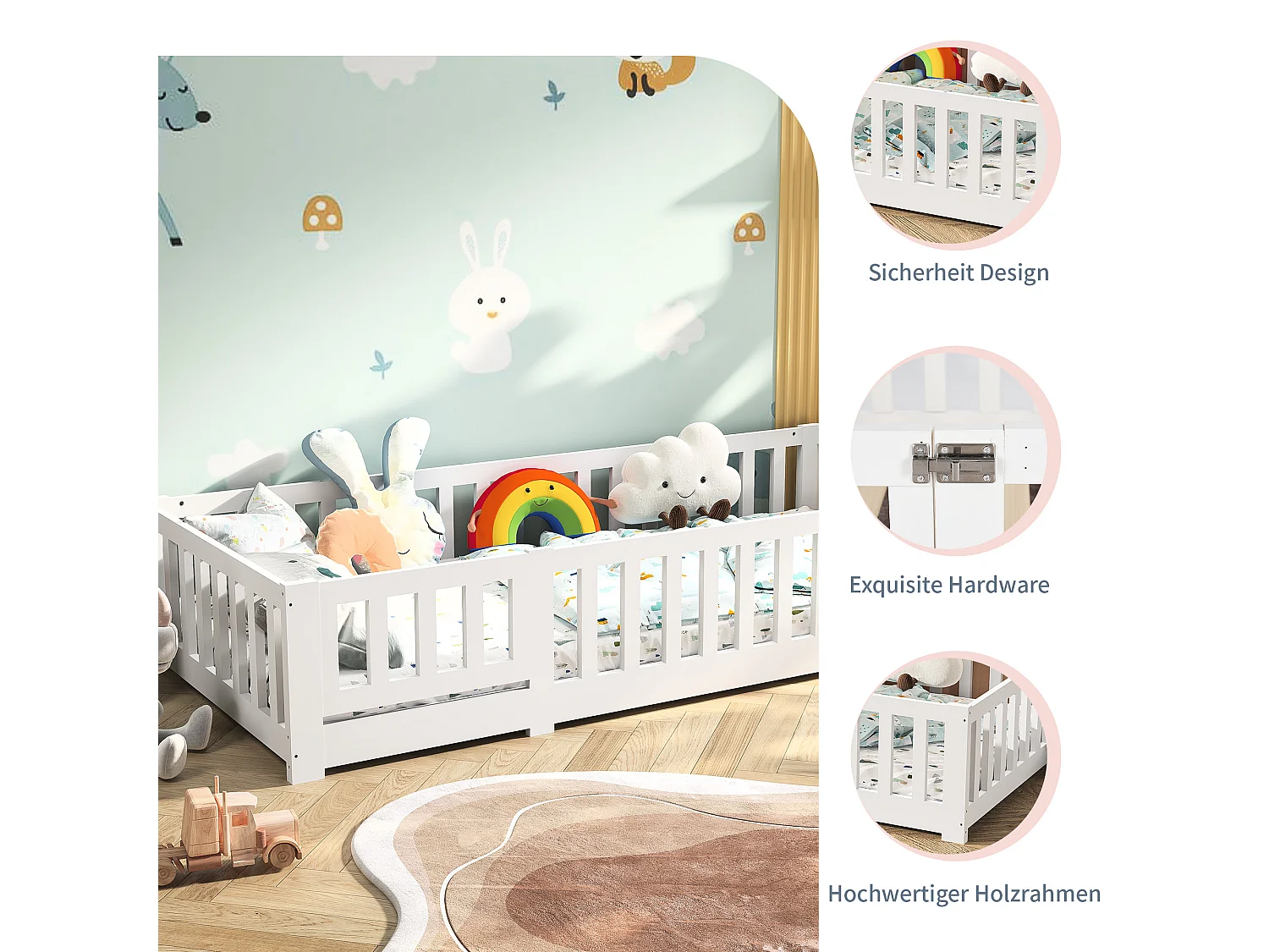 Lit cabane enfant 90×200 cm en pin massif avec barrière antichute et sommier à lattes – Blanc, style ludique