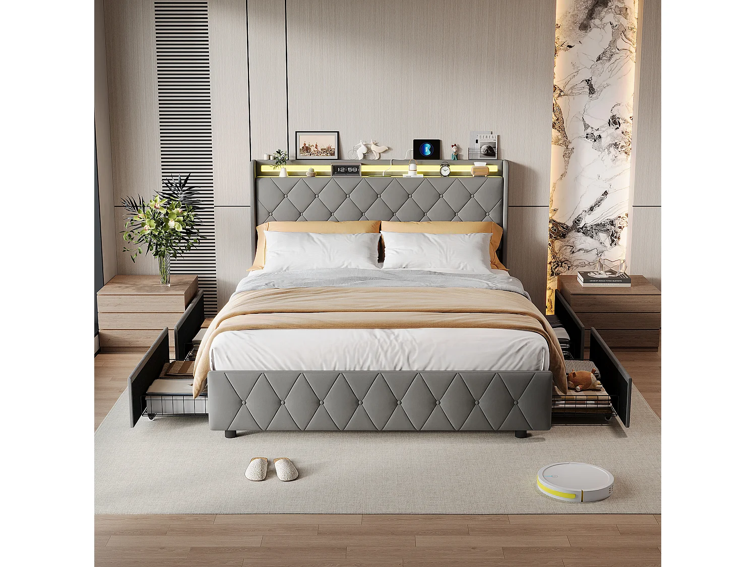 Lit 160x200 cm - avec 4 tiroirs - chargement USB et Type-C - éclairage LED - tables de chevet avec rangement - cloisons ouvertes - sommier à lattes - Gris