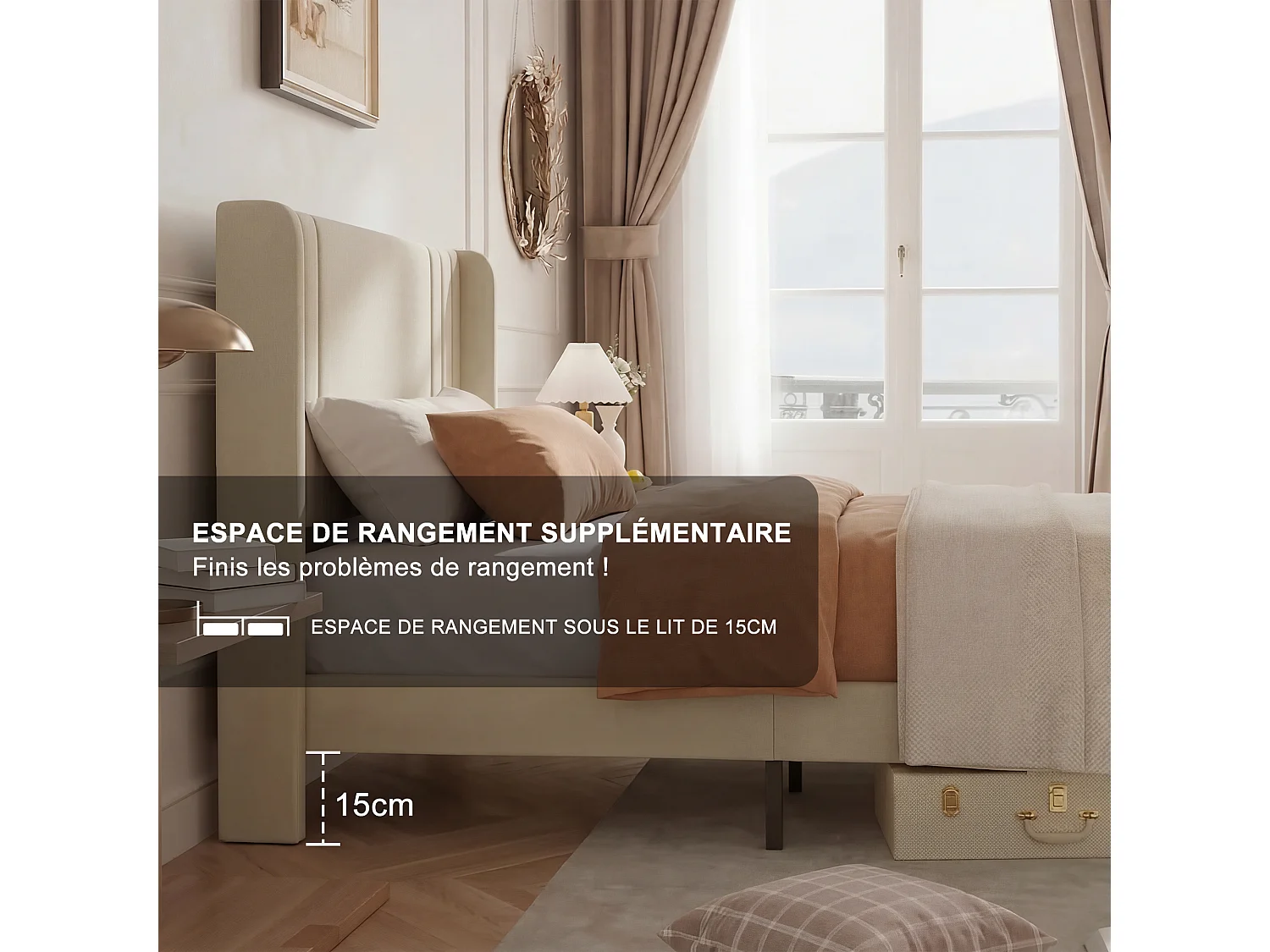 Lit 90x200 Beige Lin - Tête de Lit Capitonnée Moderne - Cadre à Lattes Robuste - Capacité 800 lbs - Montage Rapide