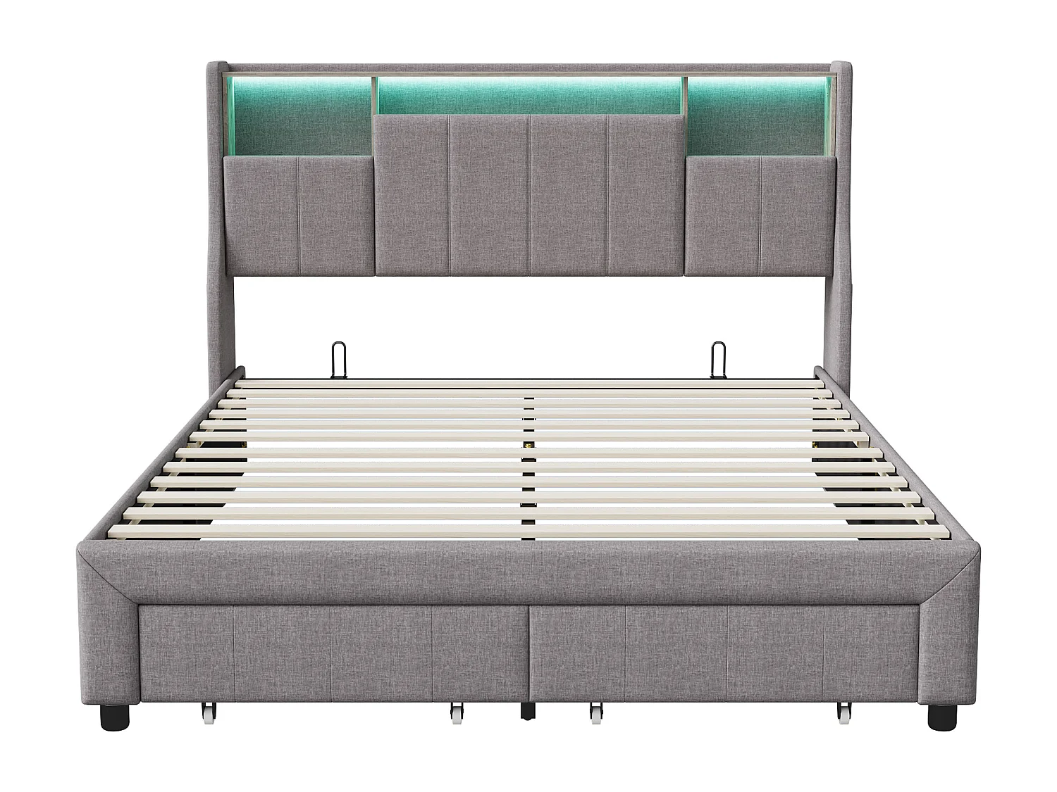 Tweepersoonsbed 160×200 cm met 2 lades en opbergruimte in het hoofdeinde – LED-verlichting en USB-oplaadpunt, grijs beddengoed