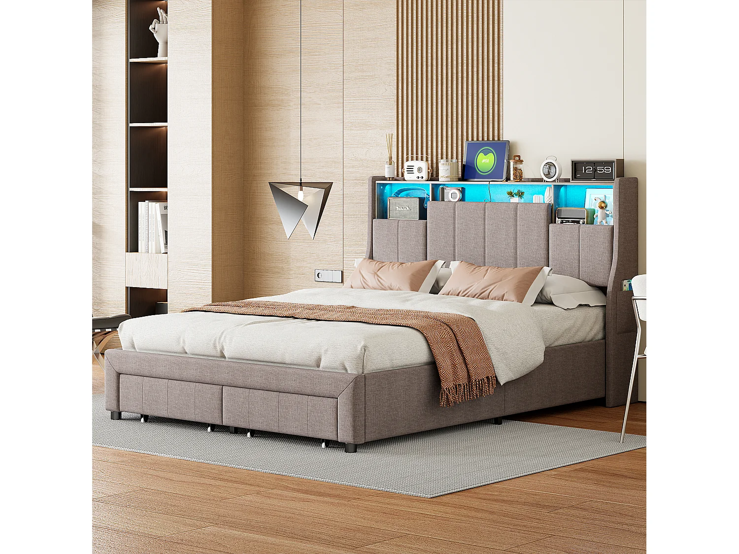 Tweepersoonsbed 160×200 cm met 2 lades en opbergruimte in het hoofdeinde – LED-verlichting en USB-oplaadpunt, grijs beddengoed