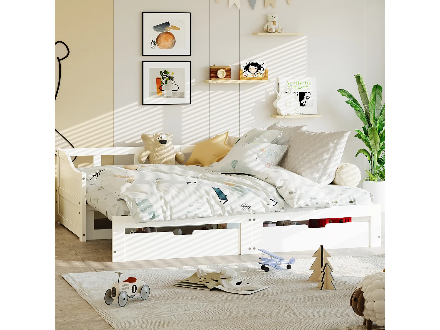 Lit banquette extensible 90×200 cm en bois massif avec 2 tiroirs – Convertible en lit double 180×200 cm, gain de place