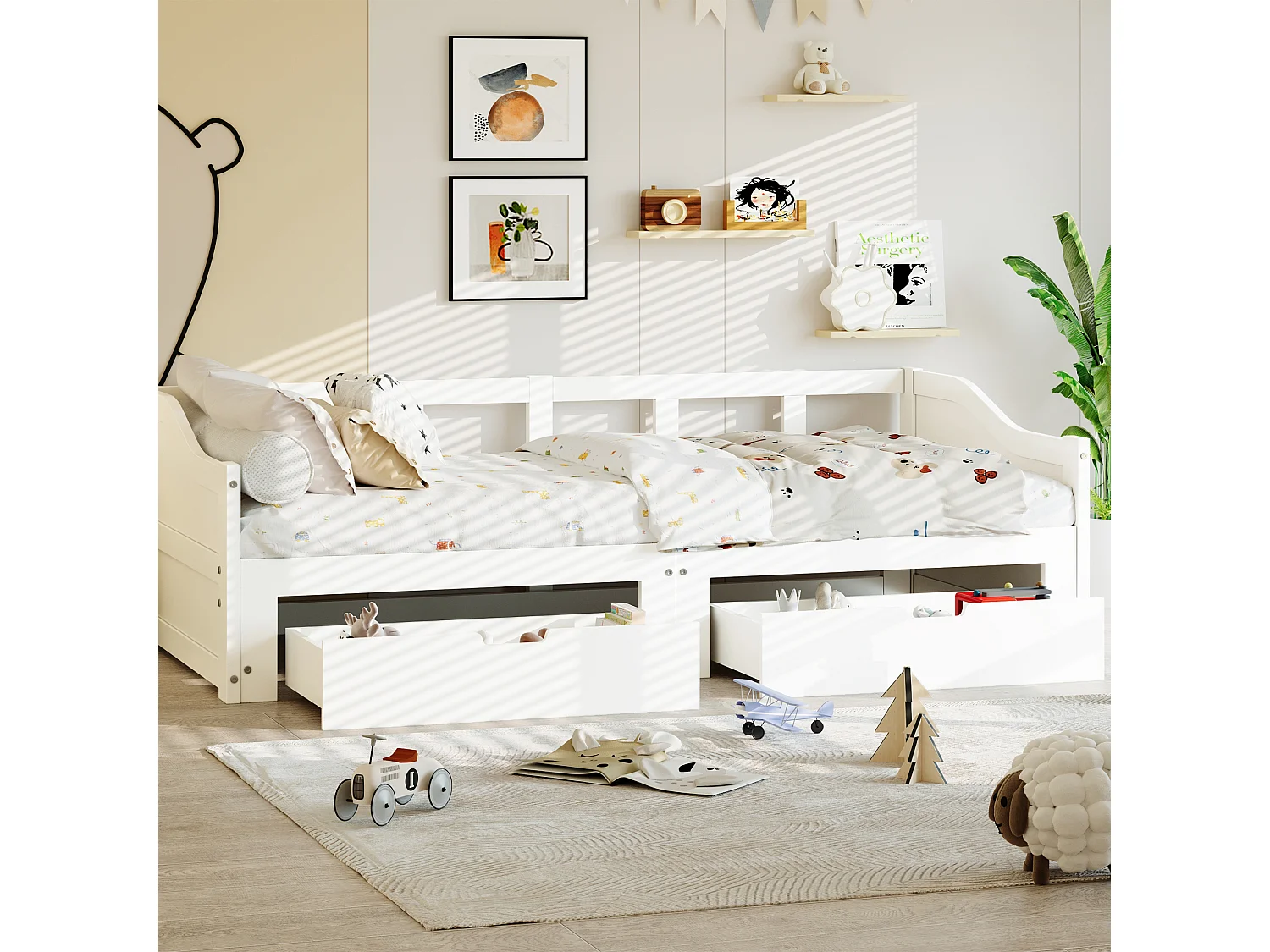 Lit banquette extensible 90×200 cm en bois massif avec 2 tiroirs – Convertible en lit double 180×200 cm, gain de place