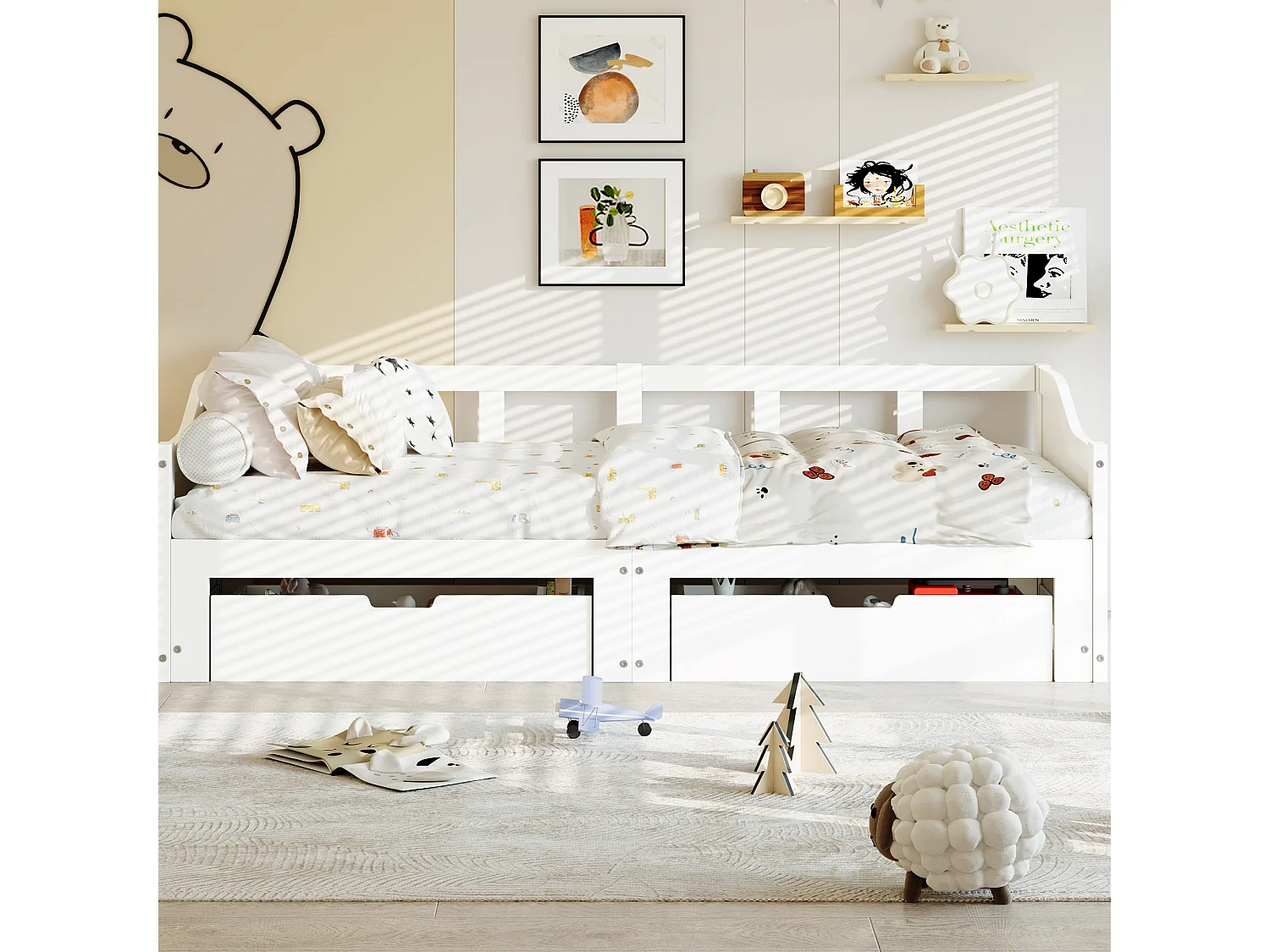 Lit banquette extensible 90×200 cm en bois massif avec 2 tiroirs – Convertible en lit double 180×200 cm, gain de place