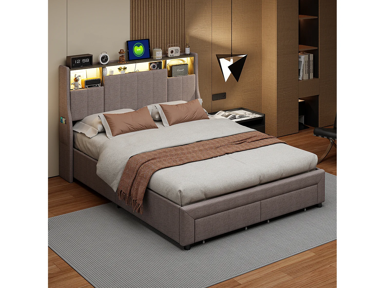 Tweepersoonsbed 140×200 cm met 2 lades en opbergruimte in het hoofdeinde – LED-verlichting en USB-oplaadmogelijkheid, grijs beddengoed