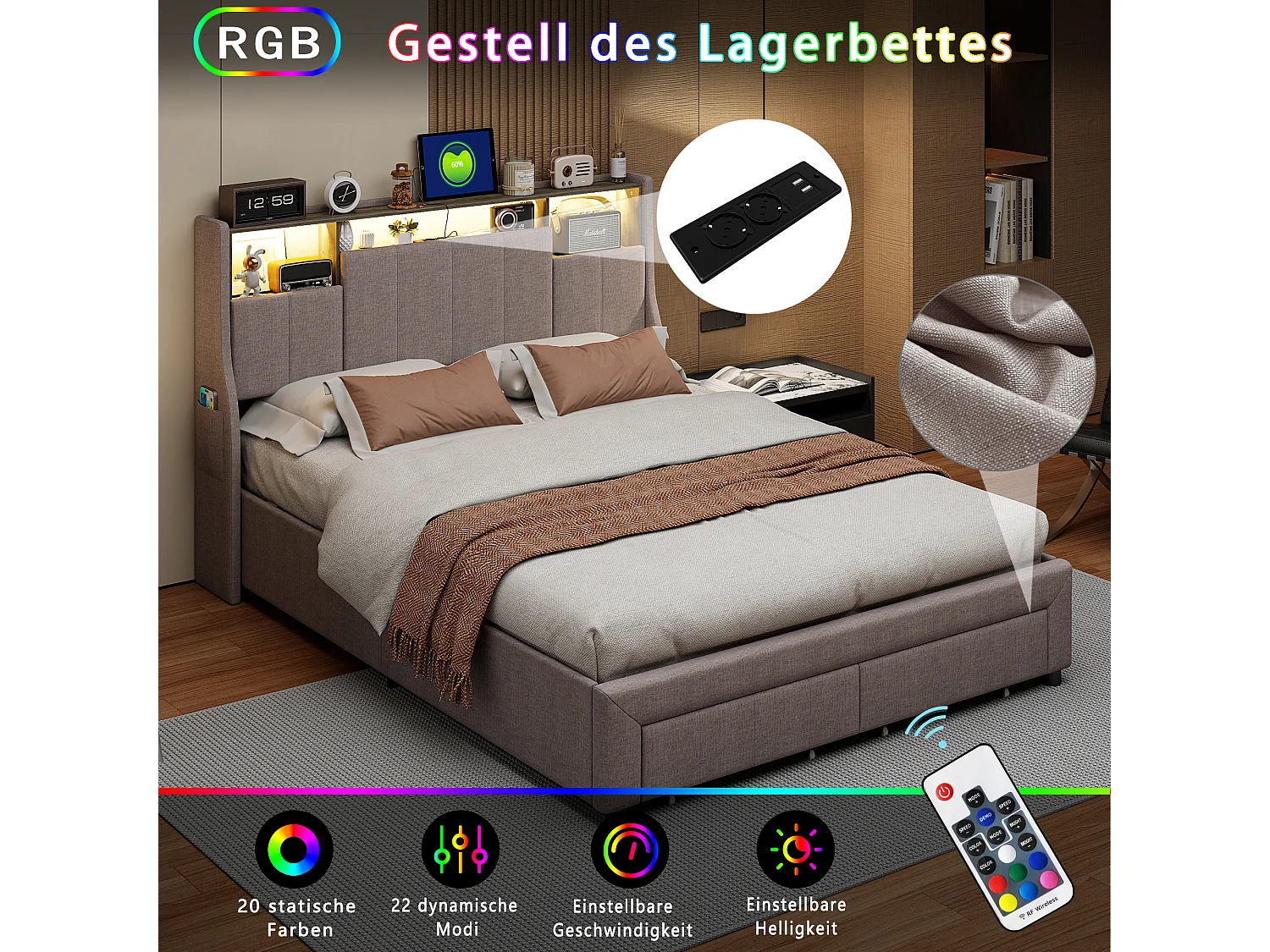Tweepersoonsbed 140×200 cm met 2 lades en opbergruimte in het hoofdeinde – LED-verlichting en USB-oplaadmogelijkheid, grijs beddengoed