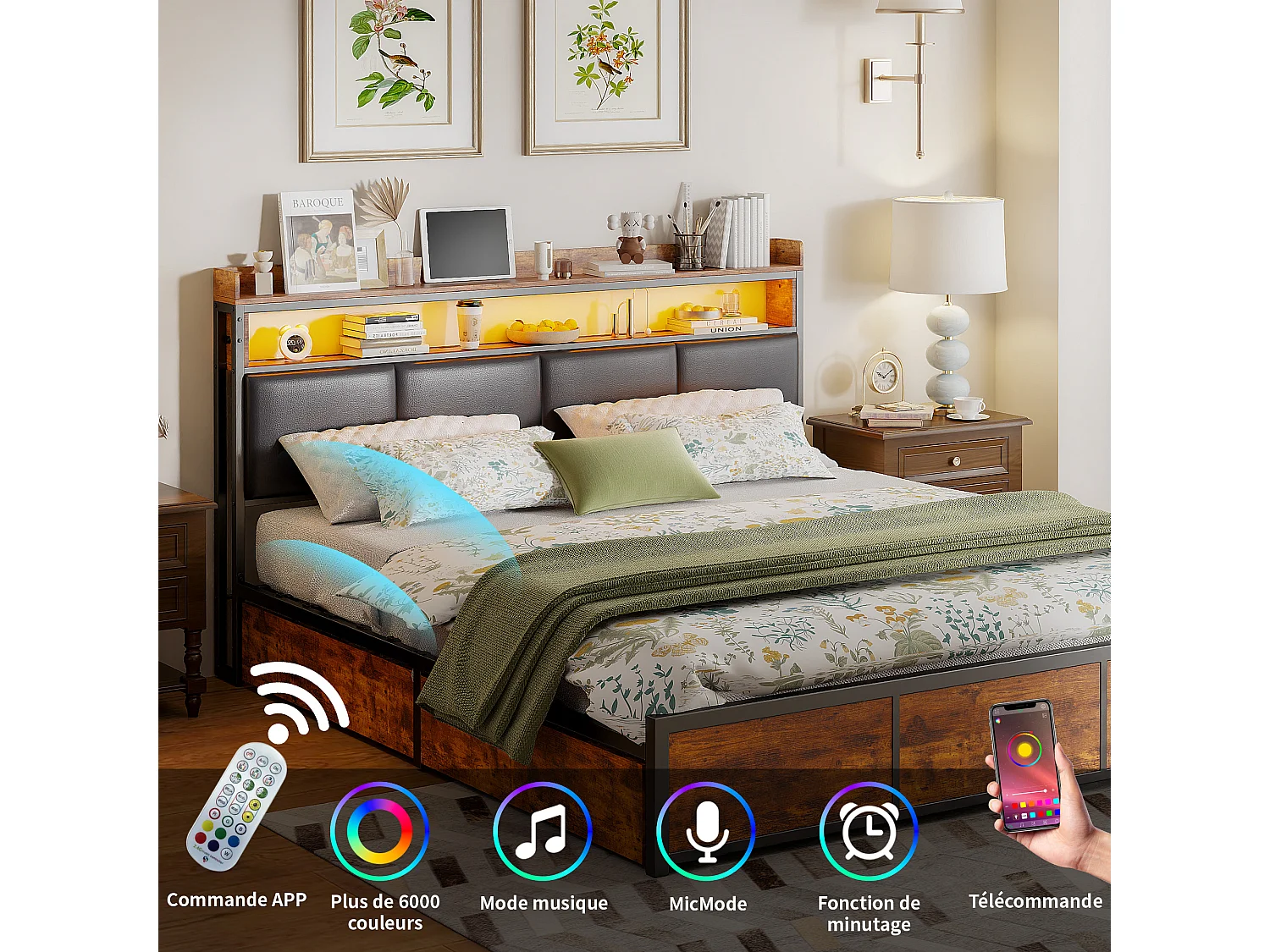 Lit 140×200 cm avec LED, sommier à lattes et 4 tiroirs – Pour adolescents, sans matelas