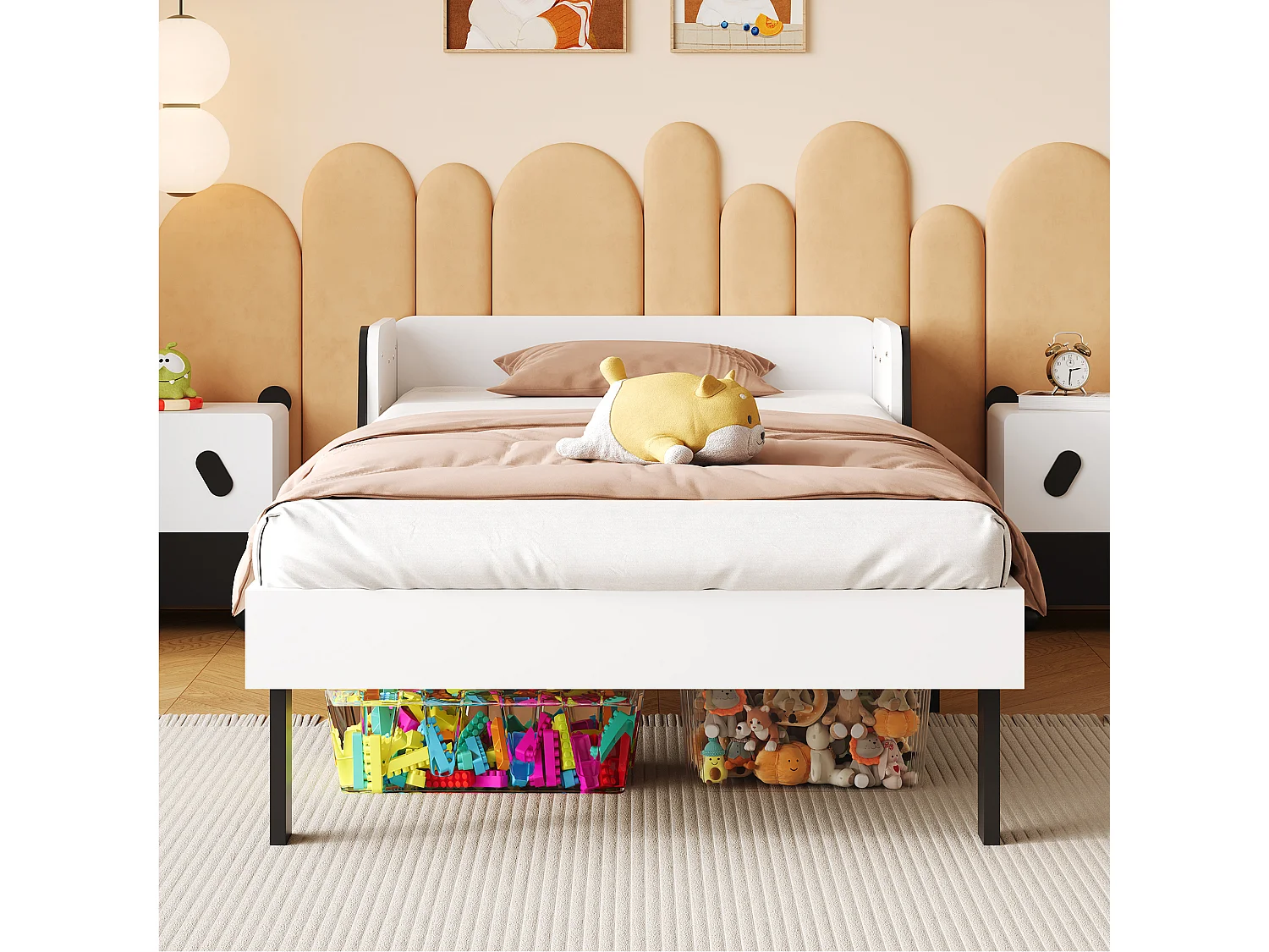 Lit enfant 90×200 cm forme chien avec barrière latérale sécurisée, bois robuste – Blanc, ludique et sûr