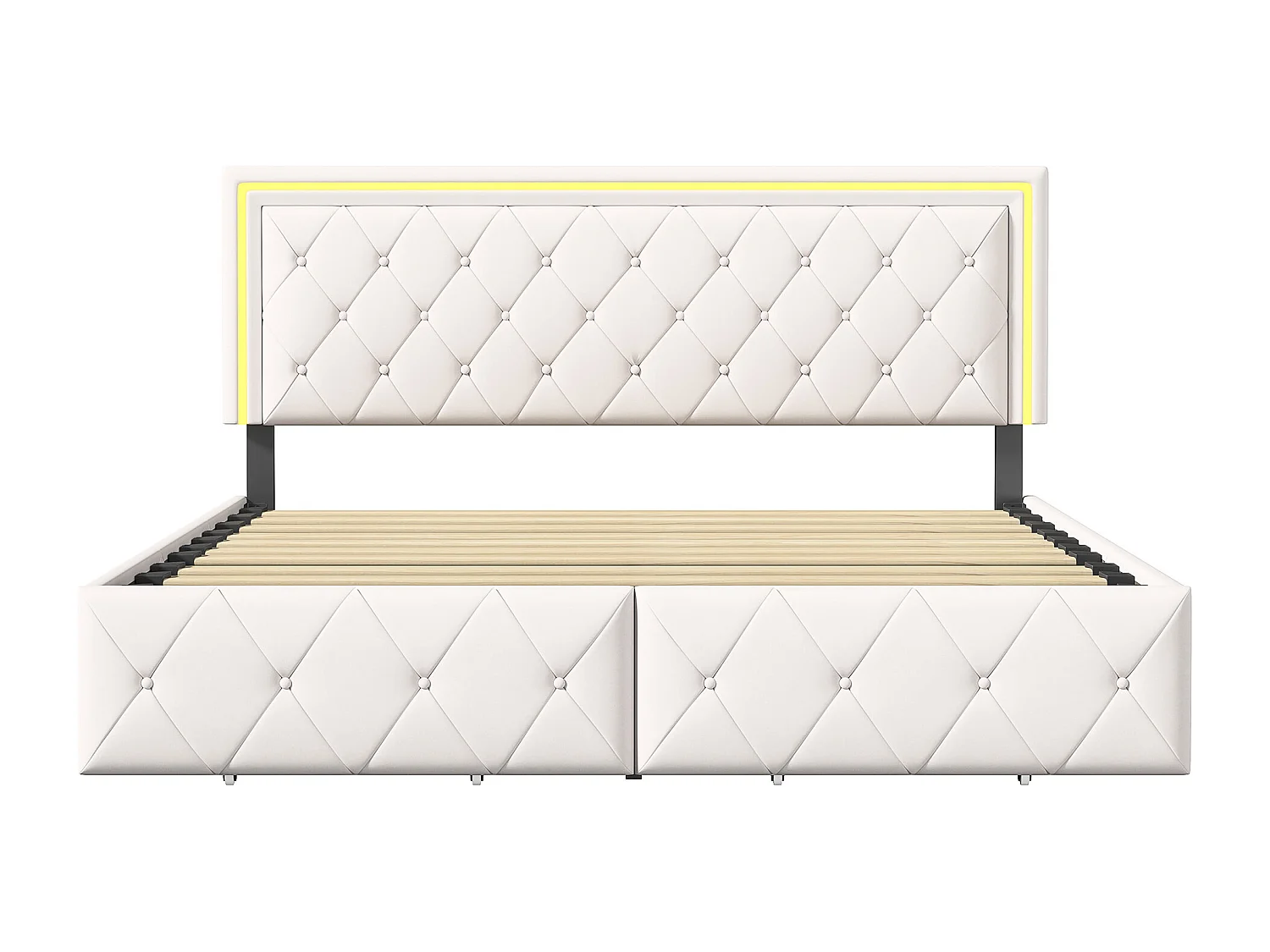 Lit 140×200 cm avec LED, tête relevable, 4 tiroirs et rangement – Capitonné blanc