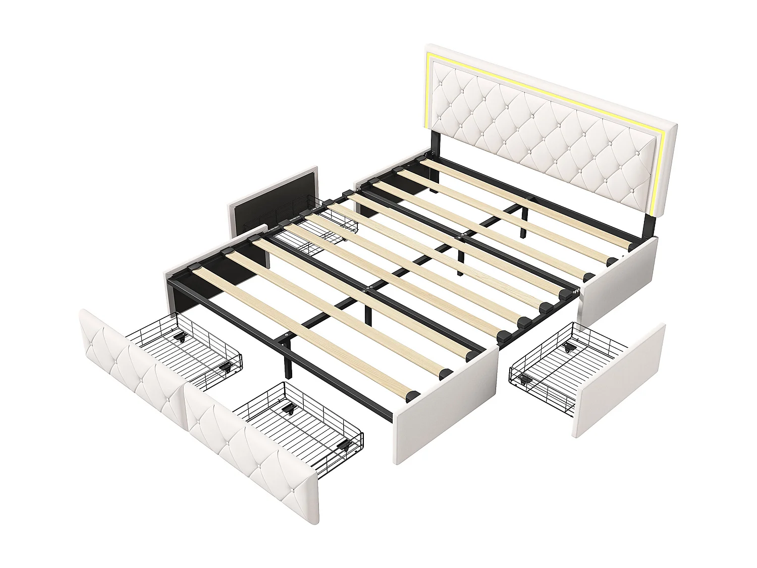 Lit 140×200 cm avec LED, tête relevable, 4 tiroirs et rangement – Capitonné blanc