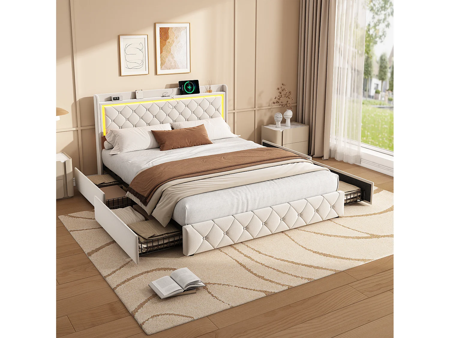 Lit 140×190 cm en velours beige avec tête de lit LED, avec 4 tiroirs, ports USB et Type-C