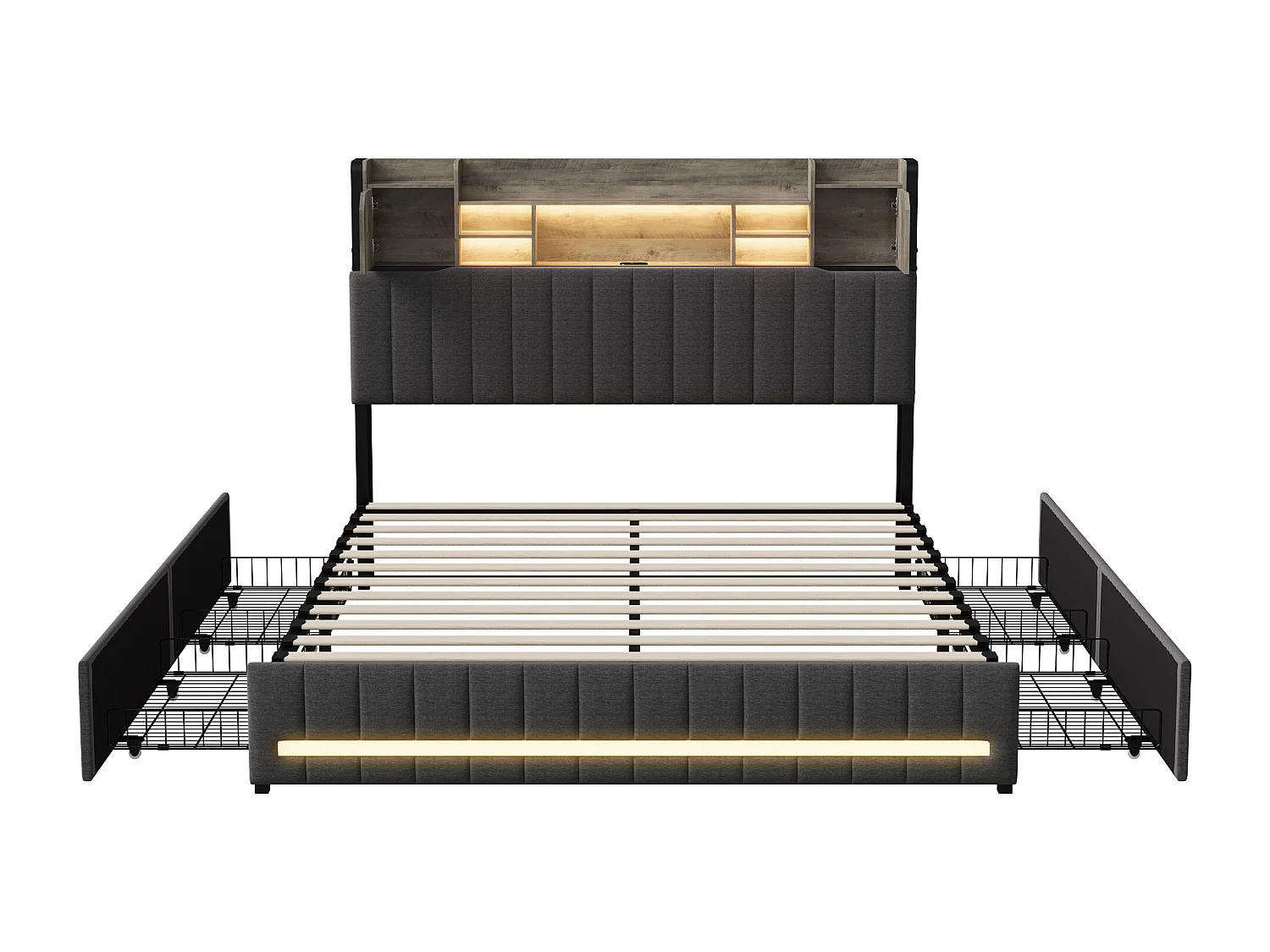 Lit double 160x200 cm - avec 4 tiroirs - chargement USB - éclairage LED - tables de chevet avec rangement - cloisons ouvertes - sommier à lattes - Gris