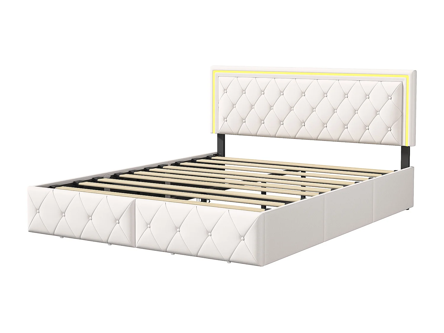 Lit 160×200 cm avec LED, tête relevable, 4 tiroirs et rangement – Capitonné blanc