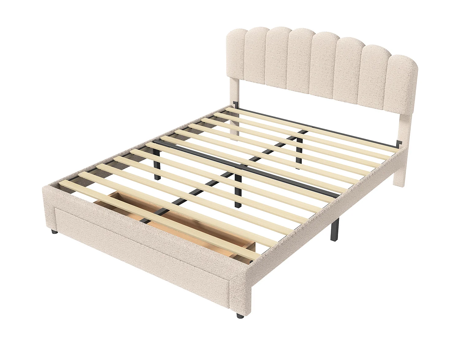 Lit 140x200cm avec grand tiroir et USB, Lit double rembourré de rangement, Tête de lit réglable en hauteur, Sommier à lattes,Beige
