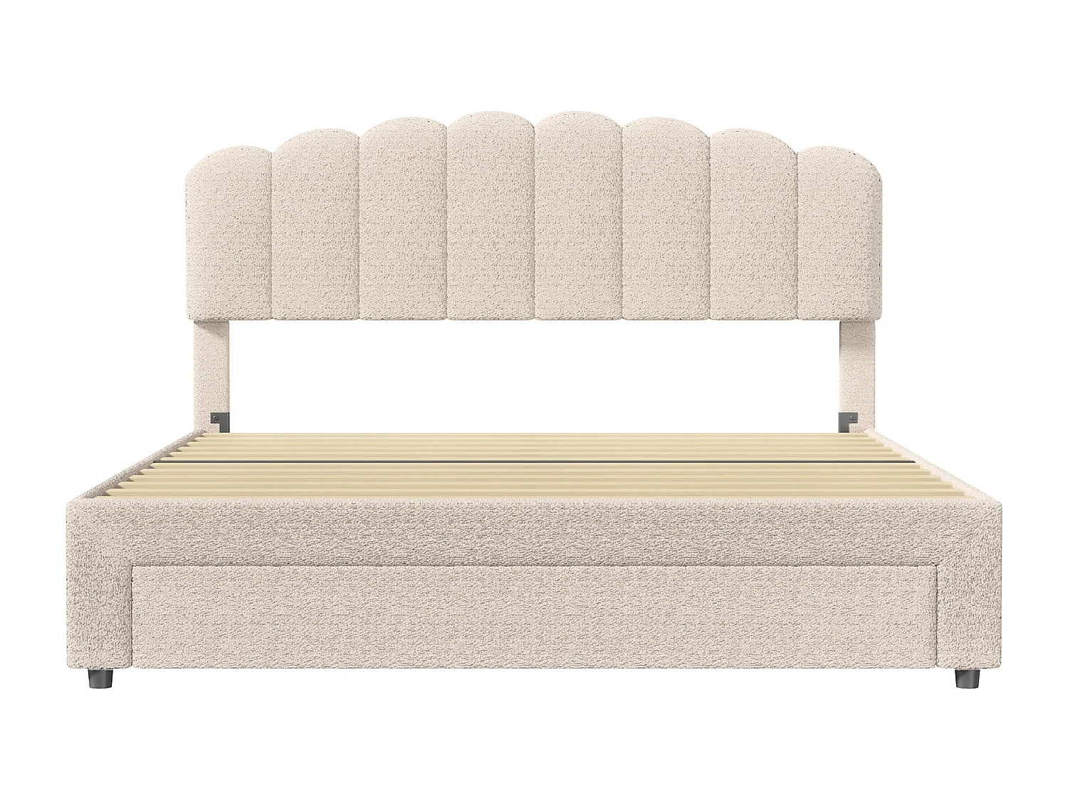 Lit 140x200cm avec grand tiroir et USB, Lit double rembourré de rangement, Tête de lit réglable en hauteur, Sommier à lattes,Beige