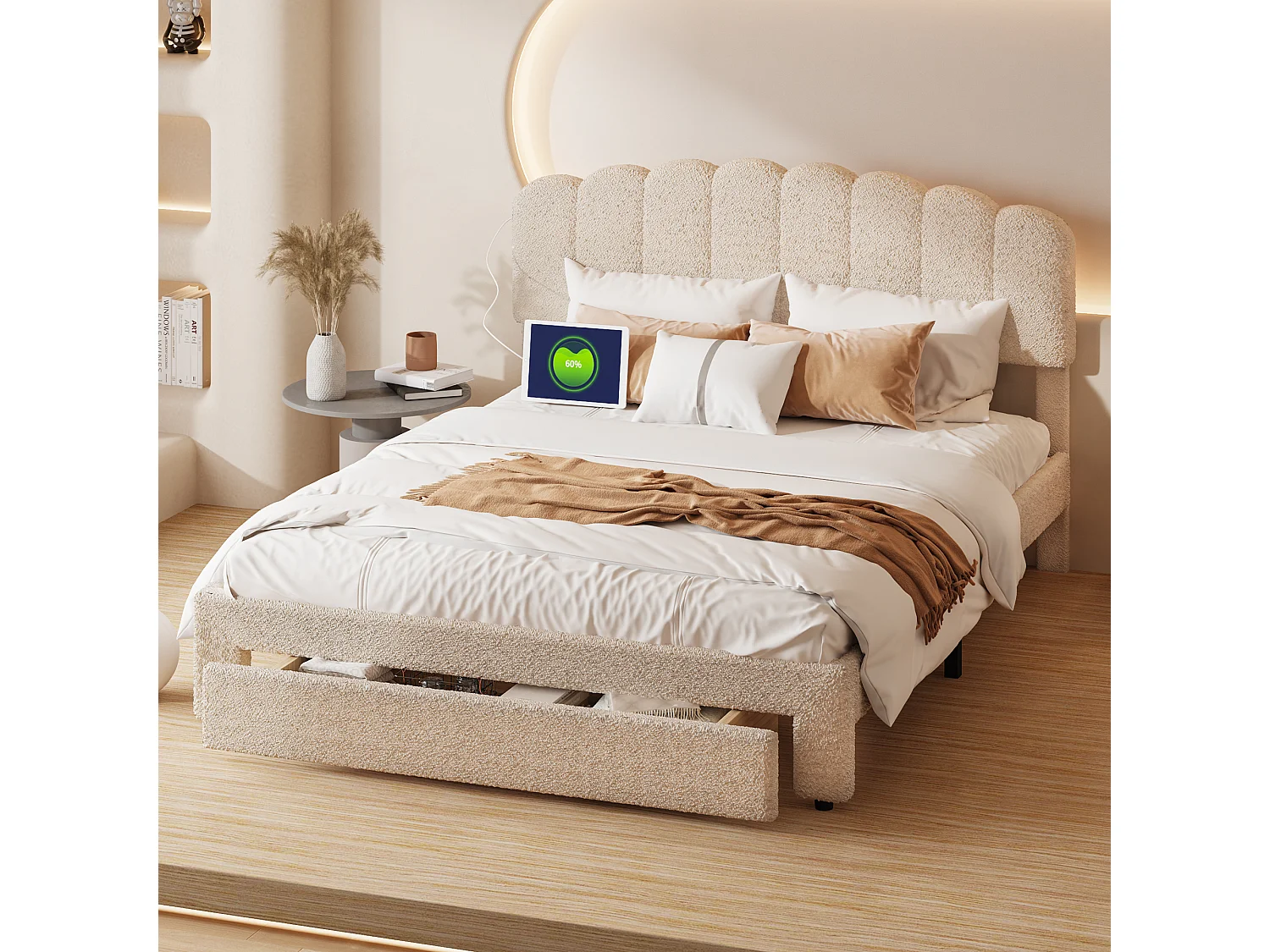 Lit 140x200cm avec grand tiroir et USB, Lit double rembourré de rangement, Tête de lit réglable en hauteur, Sommier à lattes,Beige