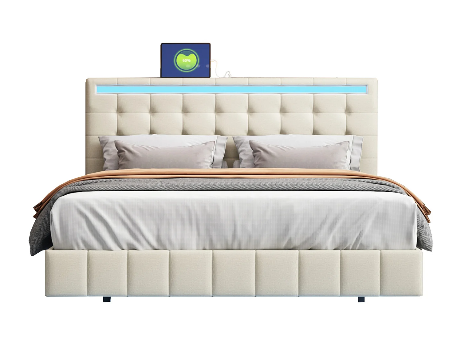 Lit 140 X 200 Cm-Avec Tête De Lit Réglable-Éclairage LED-En Lin-Beige