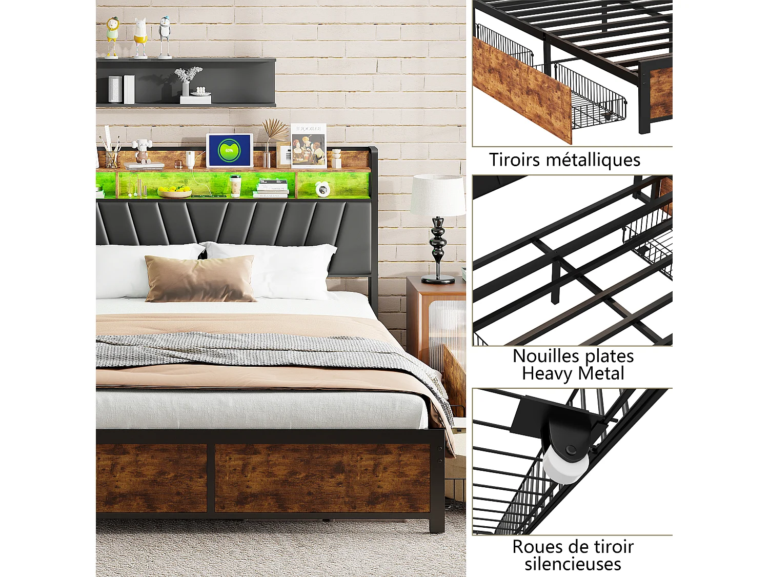 Lit rembourré 180×200 cm en métal avec LED, USB et 4 tiroirs – Tête de lit, lit double