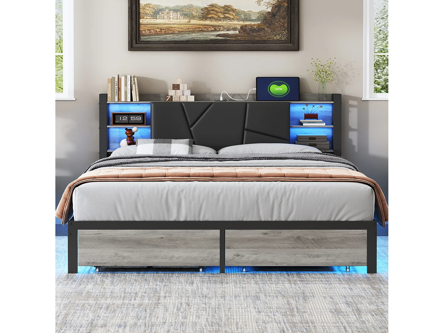 Cama doble de metal para adultos de 140x200 cm con iluminación LED, 2 cajones y cabecero con puerto de carga, color gris.