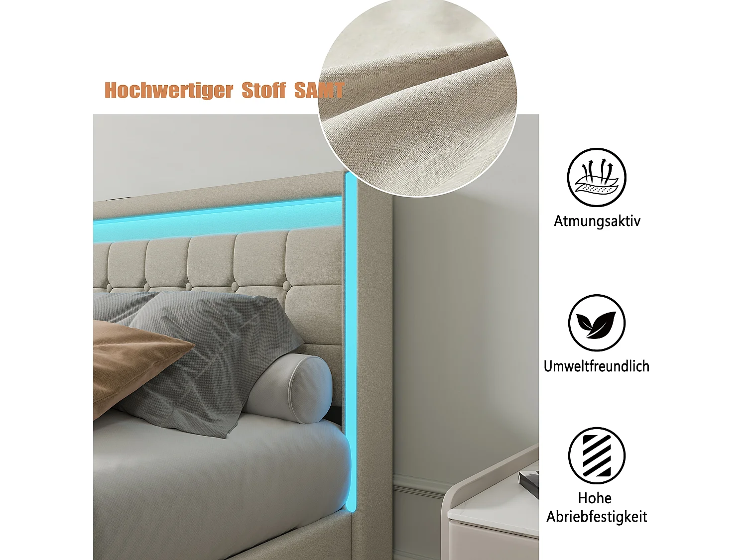 Lit 140x190 avec tiroirs – Tissu en lin Beige – Éclairage LED réglable – Ports USB&Type-C pour recharge – 4 grands tiroirs de rangement