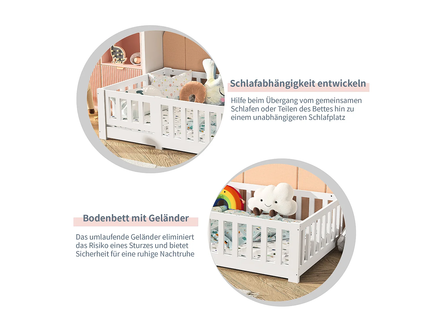 Lit cabane enfant 120×200 cm en pin massif avec barrière antichute et sommier à lattes – Blanc, style ludique