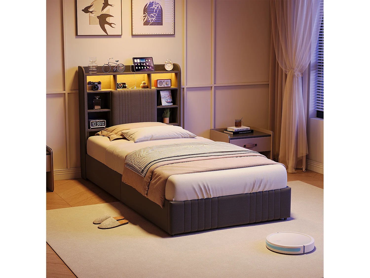 Lit 90x200 cm - avec 2 tiroirs - chargement USB et Type-C - éclairage LED - tables de chevet avec rangement - cloisons ouvertes - sommier à lattes - Gris