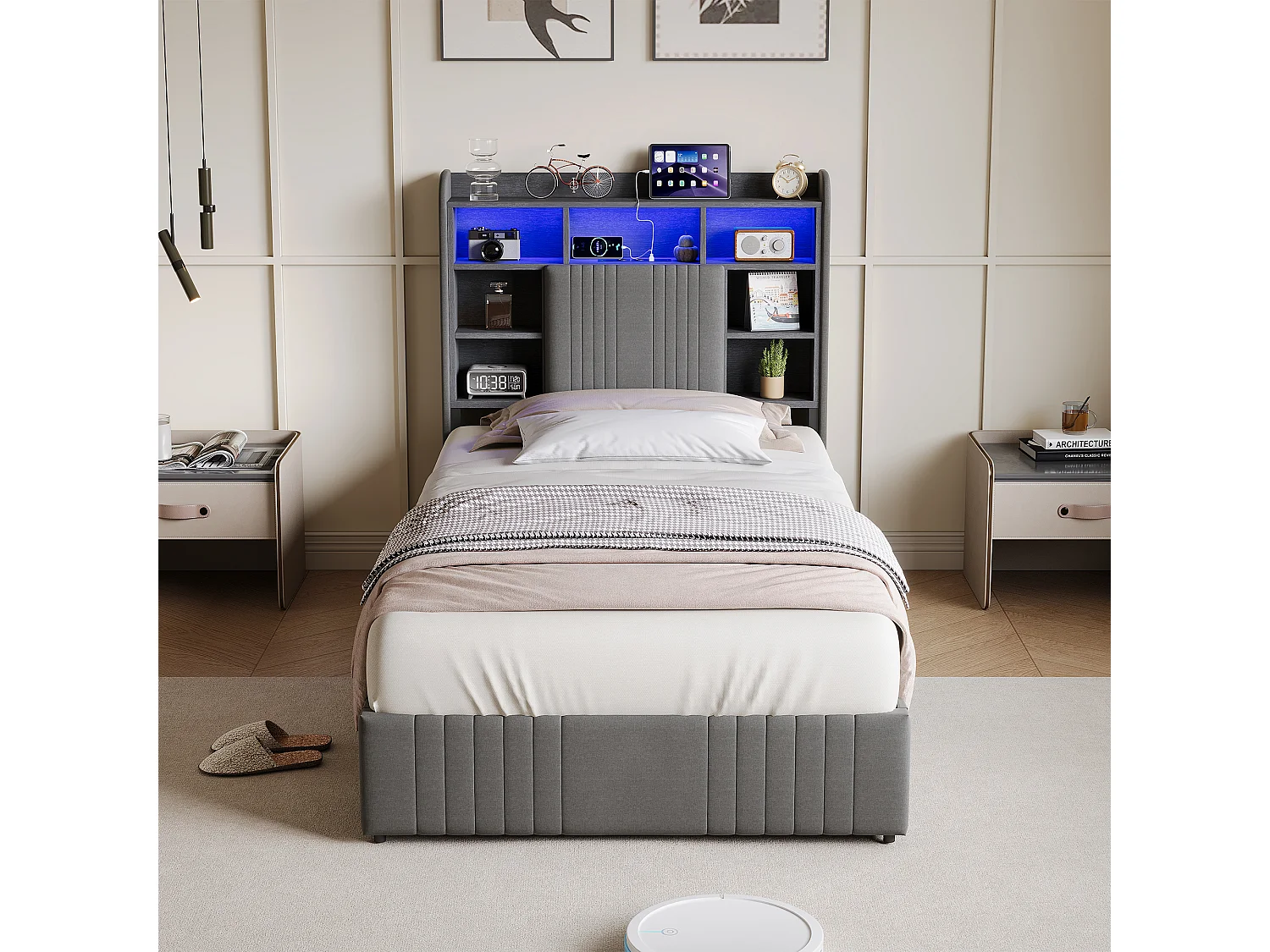 Lit 90x200 cm - avec 2 tiroirs - chargement USB et Type-C - éclairage LED - tables de chevet avec rangement - cloisons ouvertes - sommier à lattes - Gris