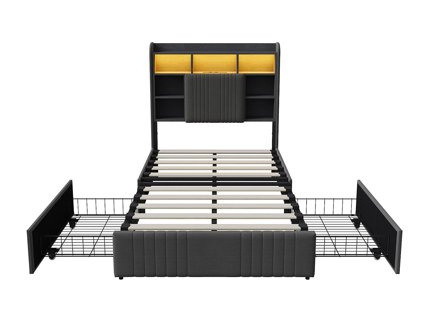 Lit 90x200 cm - avec 2 tiroirs - chargement USB et Type-C - éclairage LED - tables de chevet avec rangement - cloisons ouvertes - sommier à lattes - Gris