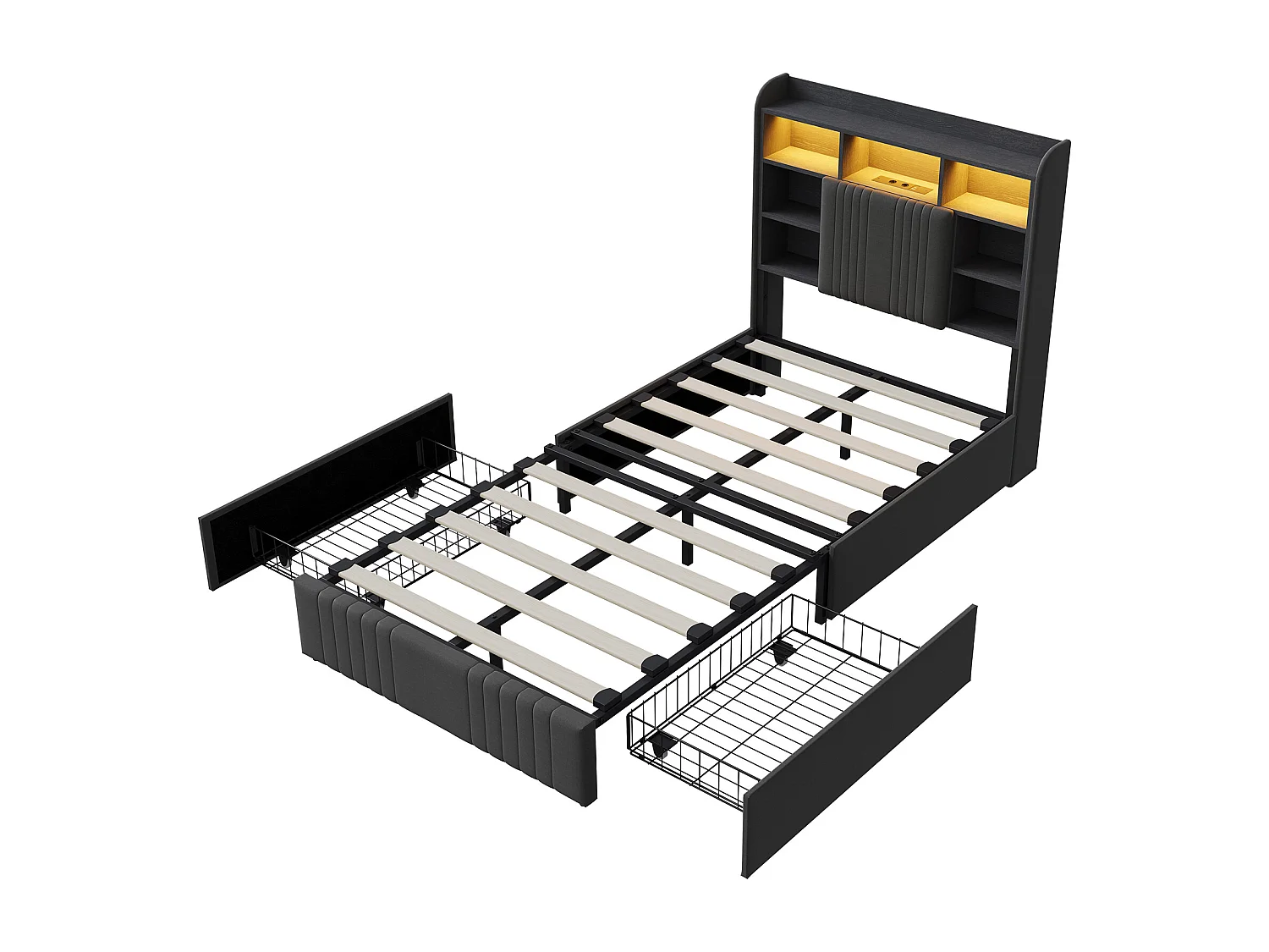 Lit 90x200 cm - avec 2 tiroirs - chargement USB et Type-C - éclairage LED - tables de chevet avec rangement - cloisons ouvertes - sommier à lattes - Gris