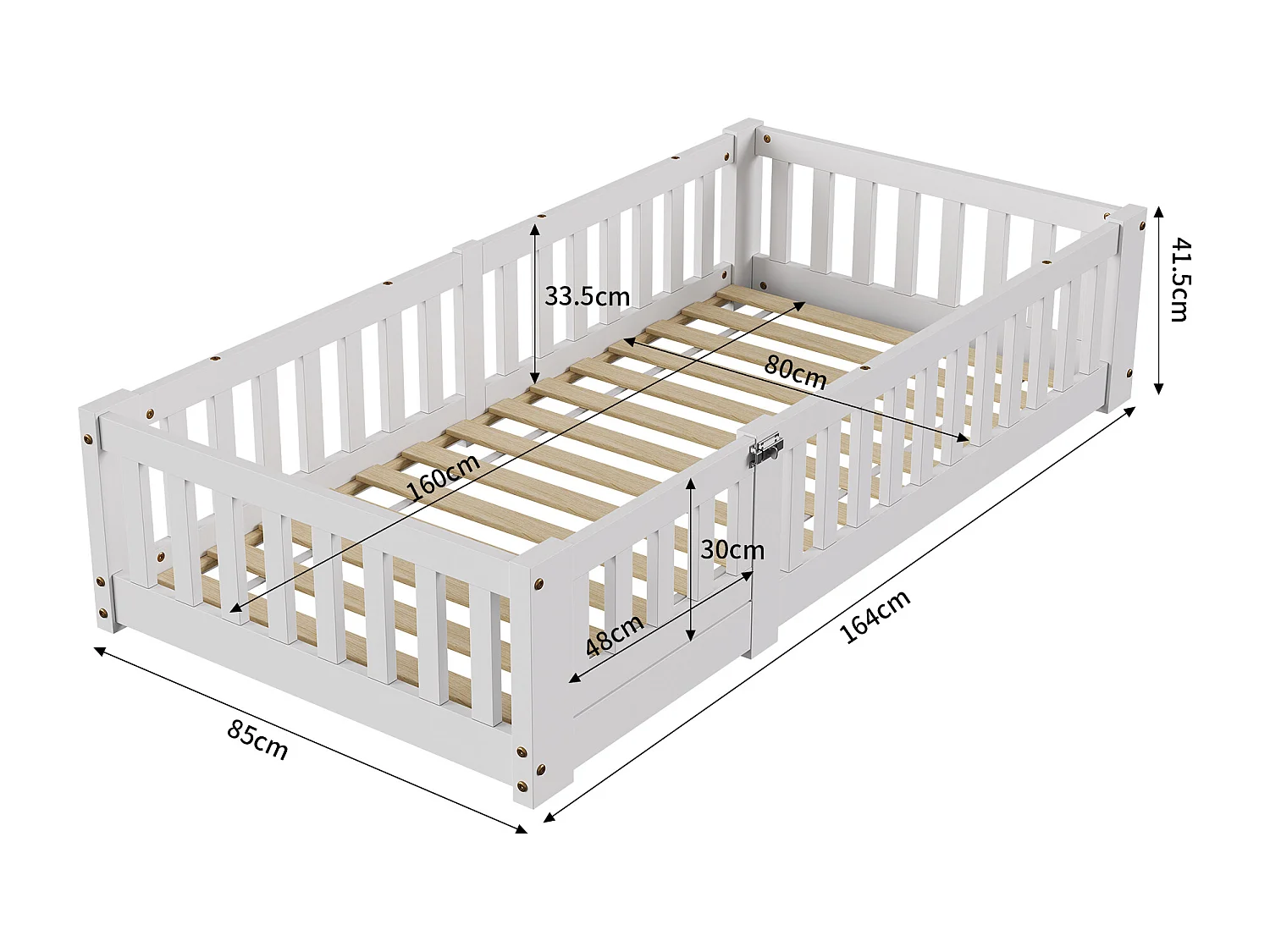 Lit cabane enfant 80×160 cm en pin massif avec barrière antichute et sommier à lattes – Blanc, style ludique