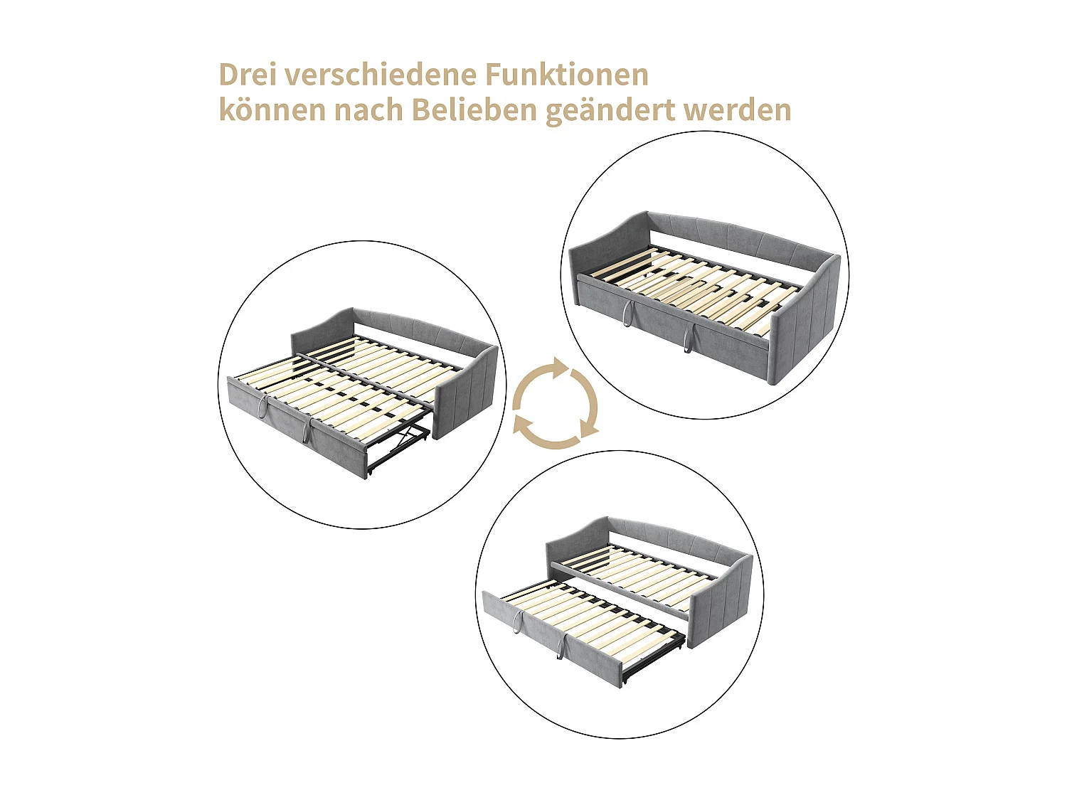 Lit gigogne 90/180×200 cm extensible avec sommiers à lattes – Tissu velours gris