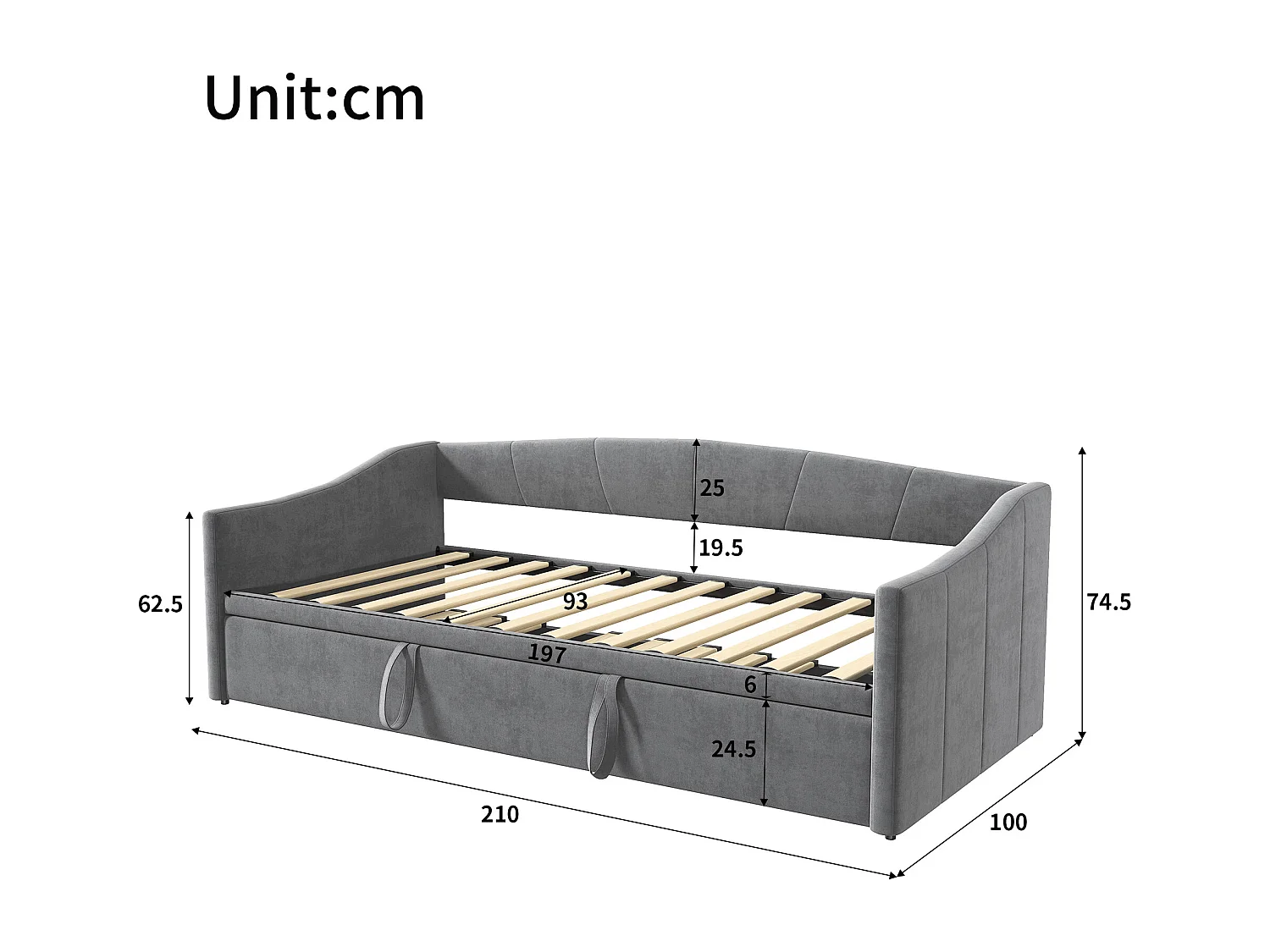 Lit gigogne 90/180×200 cm extensible avec sommiers à lattes – Tissu velours gris