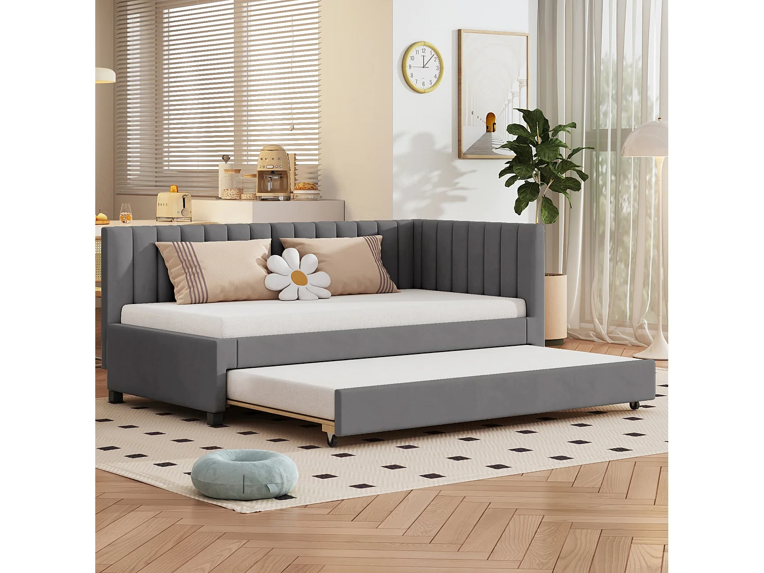Cama auxiliar estofada 90x200 cm – Sofá-cama juvenil em veludo cinza