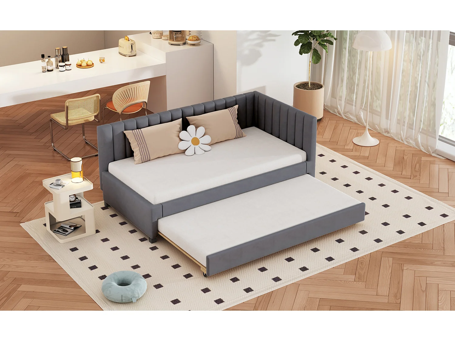 Cama auxiliar estofada 90x200 cm – Sofá-cama juvenil em veludo cinza