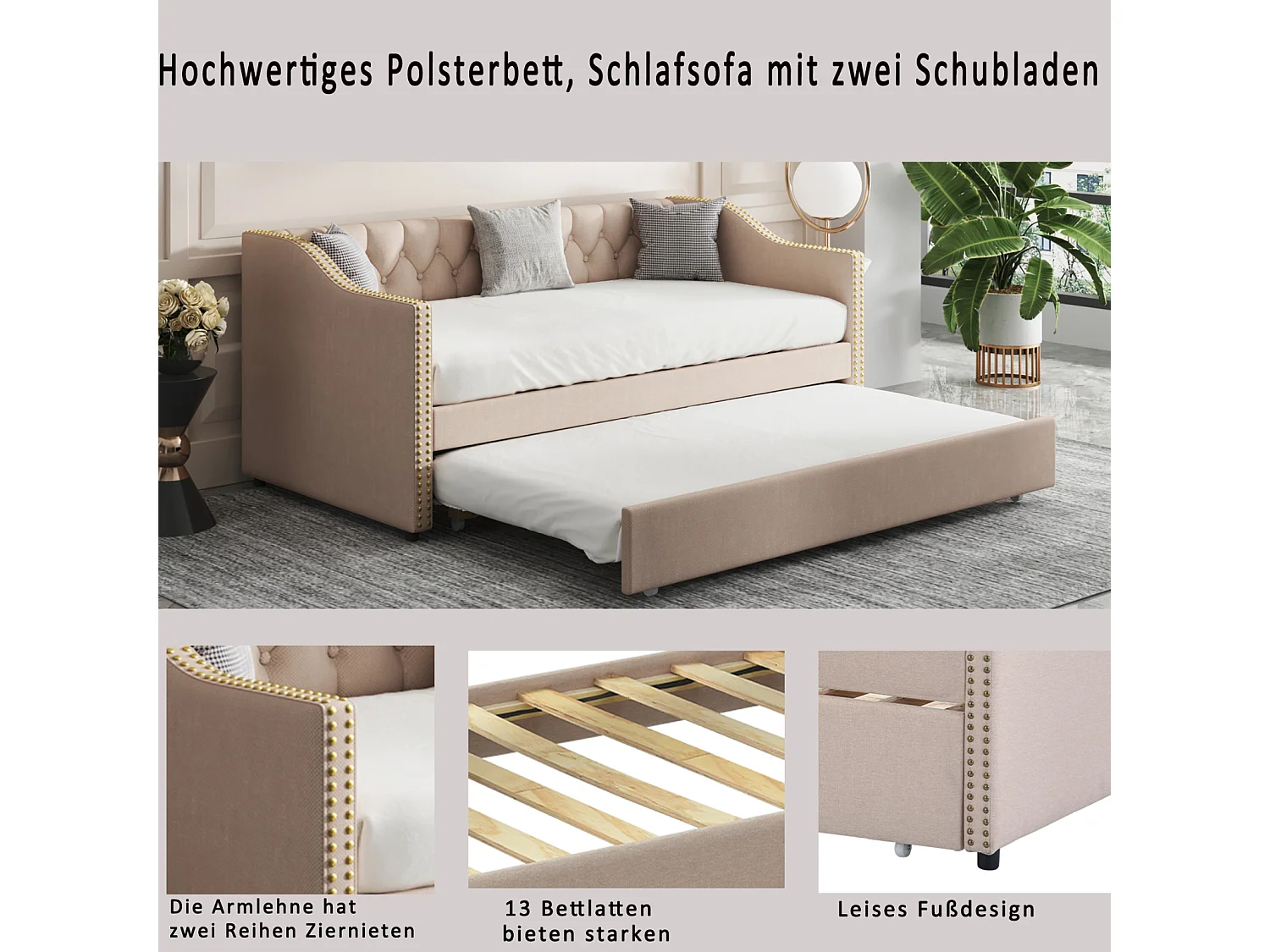 Lit gigogne 90×200 cm canapé-lit 2 places avec sommiers à lattes – Beige