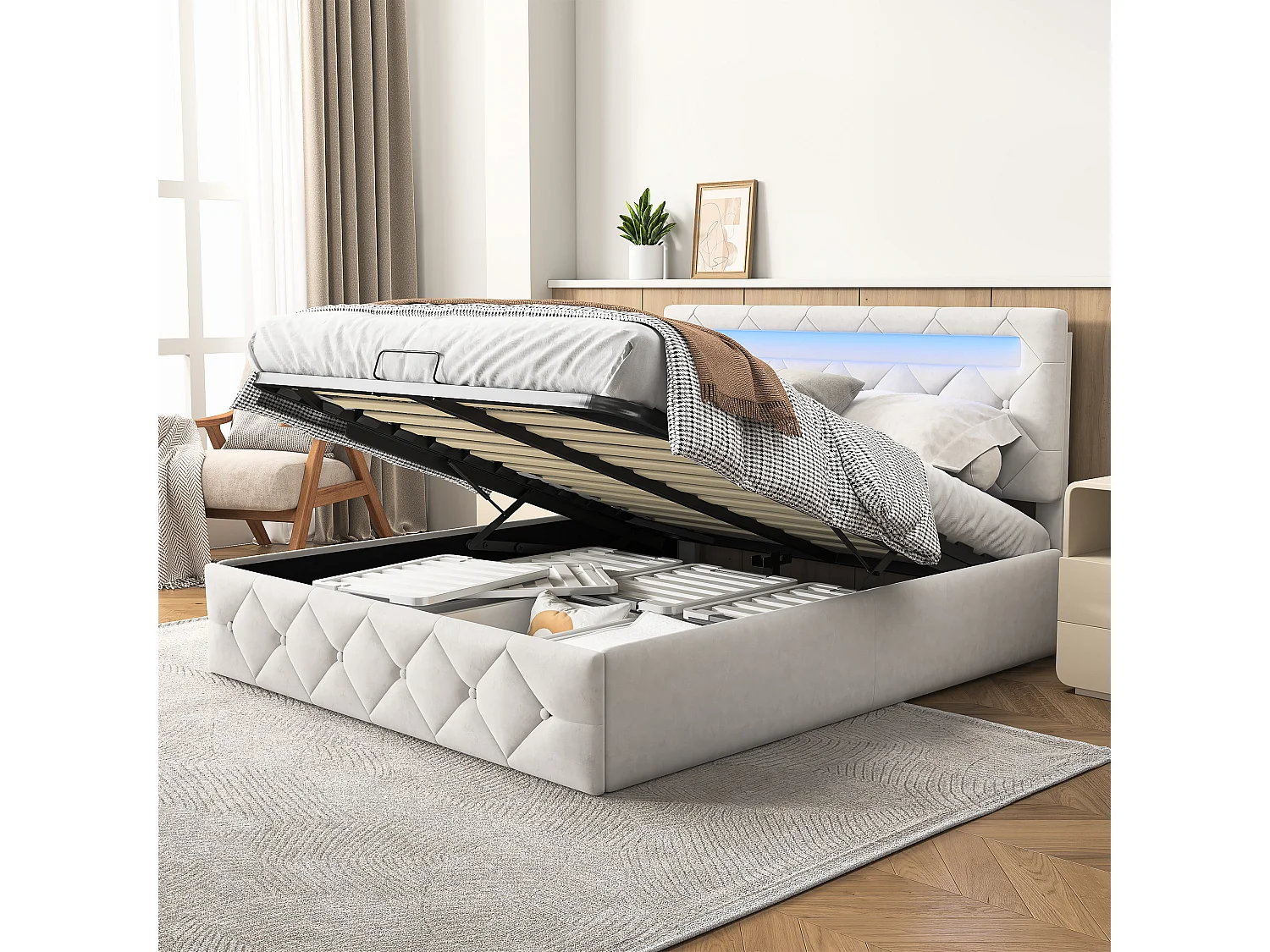 Lit 160×200 cm avec LED, sommier à lattes et grand rangement – Beige