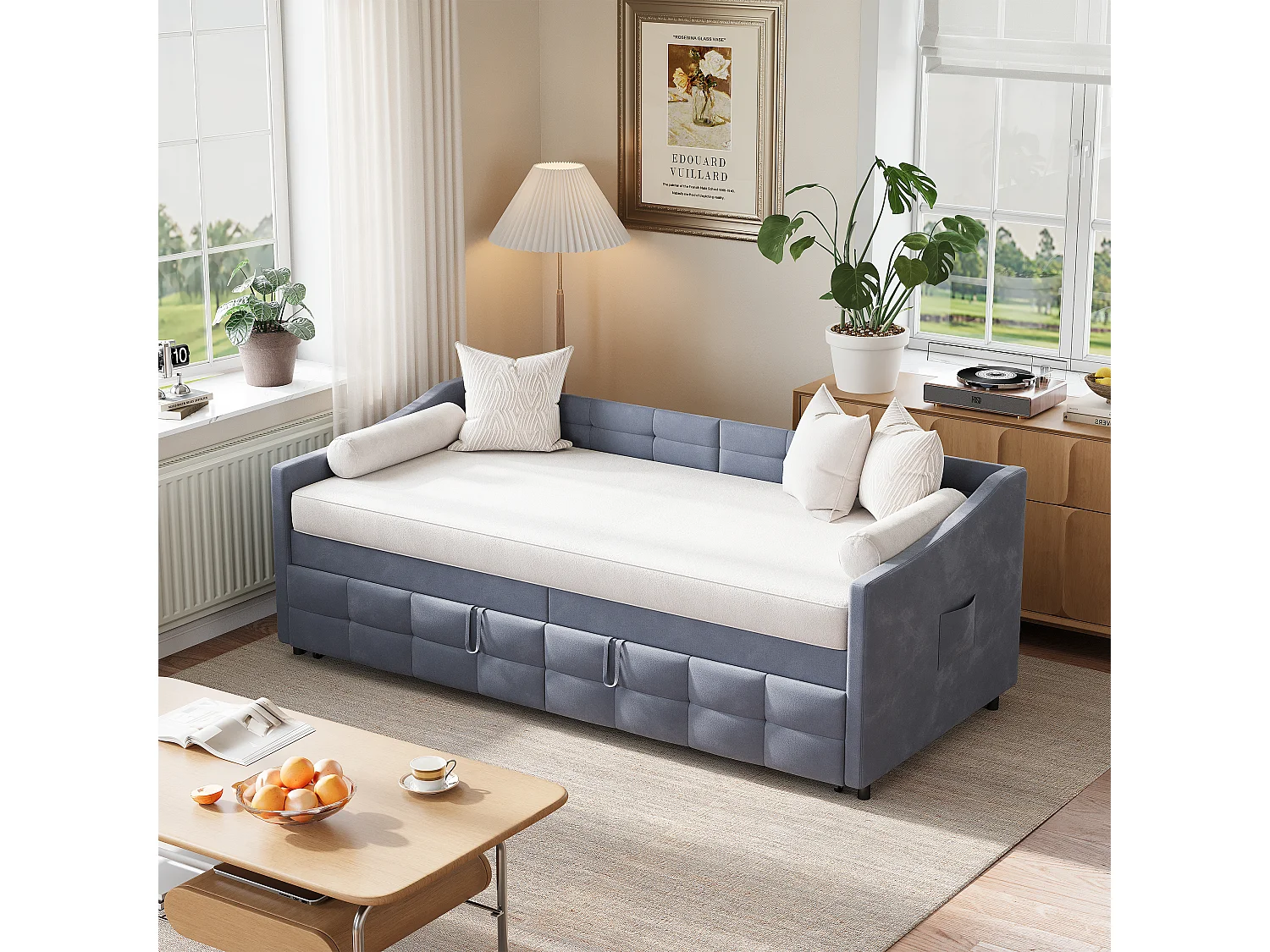 Canapé-lit 90×200 cm velours gris, convertible 180×200 cm avec mécanisme hydraulique et poche latérale
