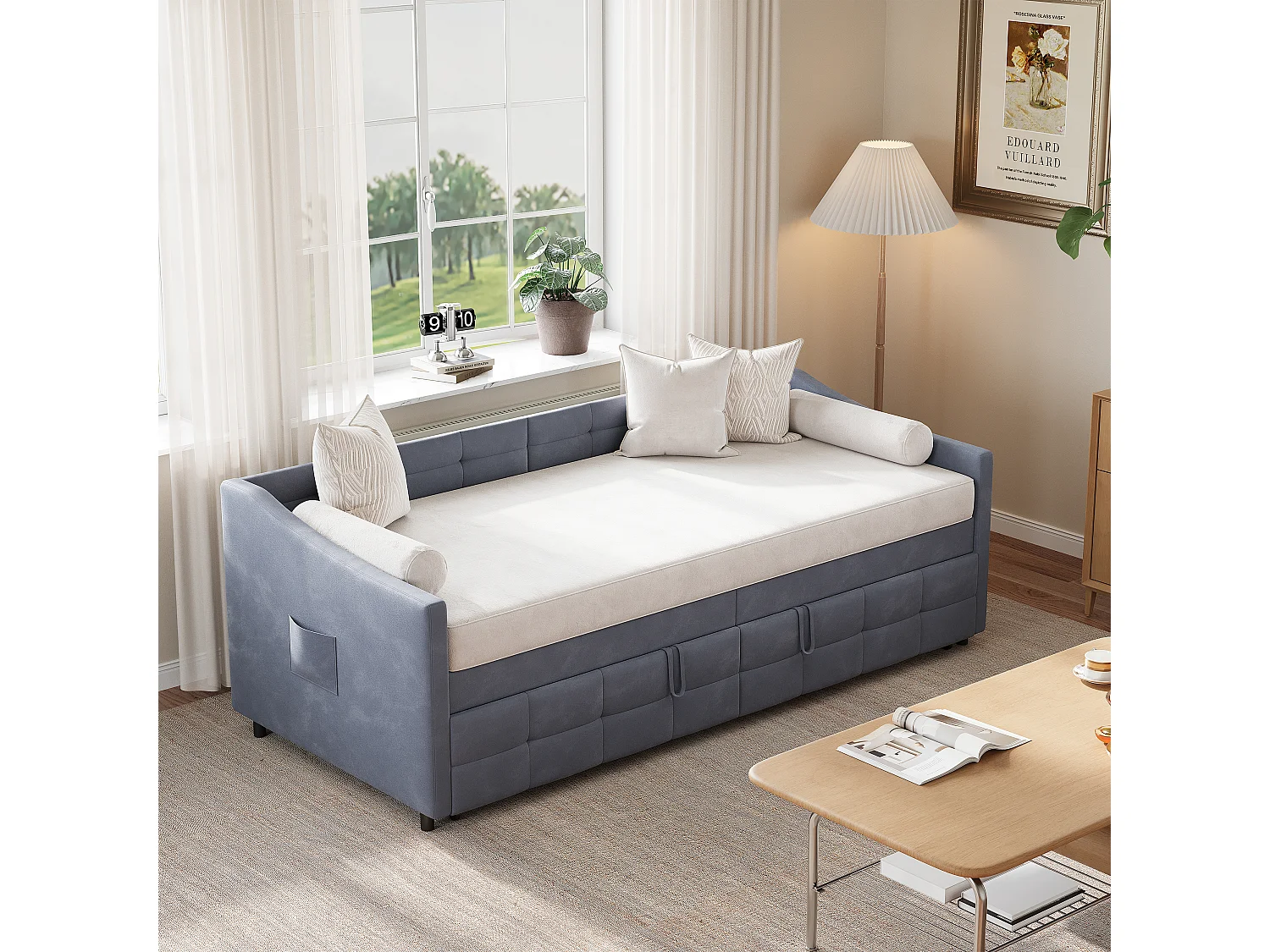 Canapé-lit 90×200 cm velours gris, convertible 180×200 cm avec mécanisme hydraulique et poche latérale