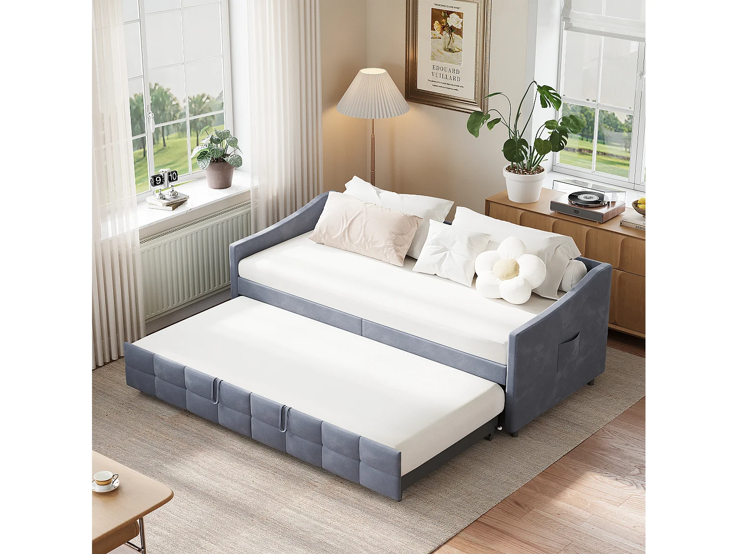 Canapé-lit 90×200 cm velours gris, convertible 180×200 cm avec mécanisme hydraulique et poche latérale