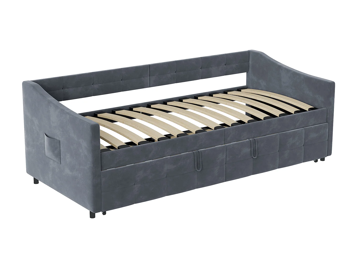 Canapé-lit 90×200 cm velours gris, convertible 180×200 cm avec mécanisme hydraulique et poche latérale