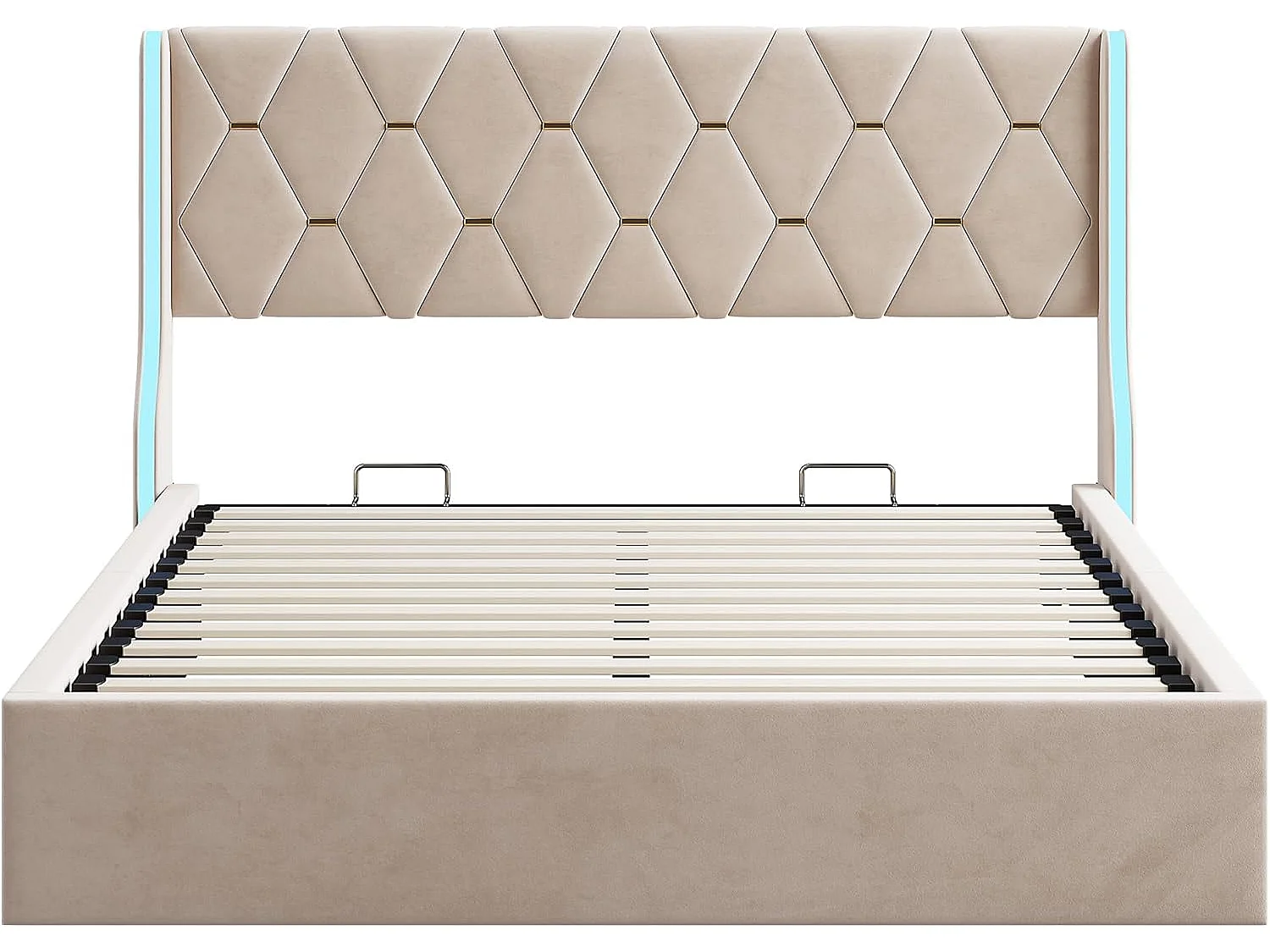 Lit 140×190 cm avec sommier et LED – Coffre avec rangement, velours beige