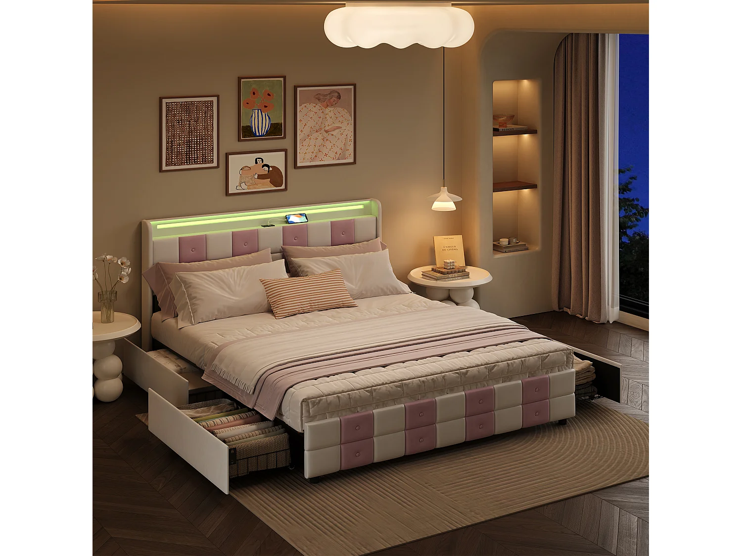 Lit coffre 140×200 cm avec LED RGB, tête de lit avec ports USB et 4 tiroirs de rangement – Velours doux – Design moderne