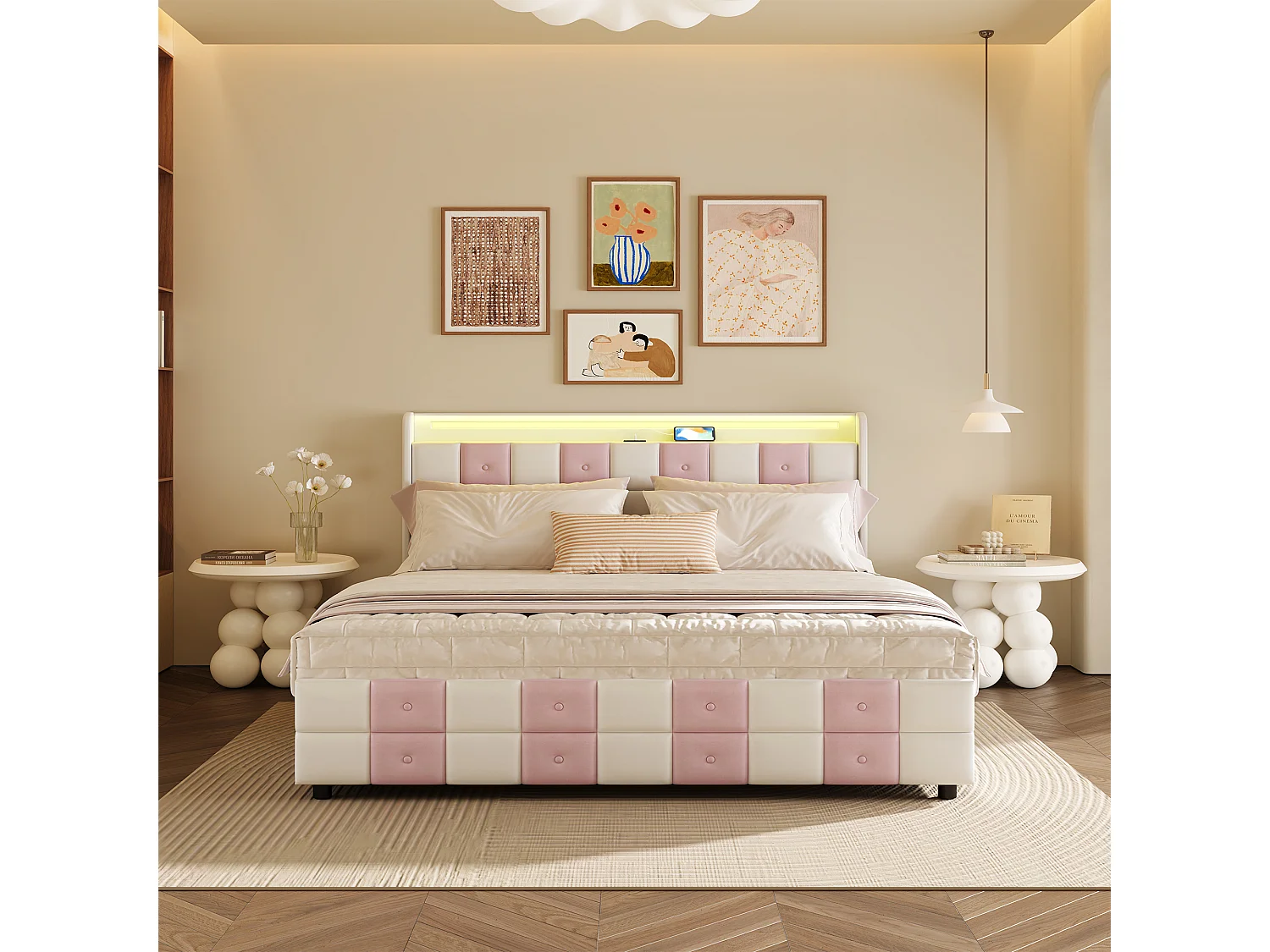 Lit coffre 140×200 cm avec LED RGB, tête de lit avec ports USB et 4 tiroirs de rangement – Velours doux – Design moderne