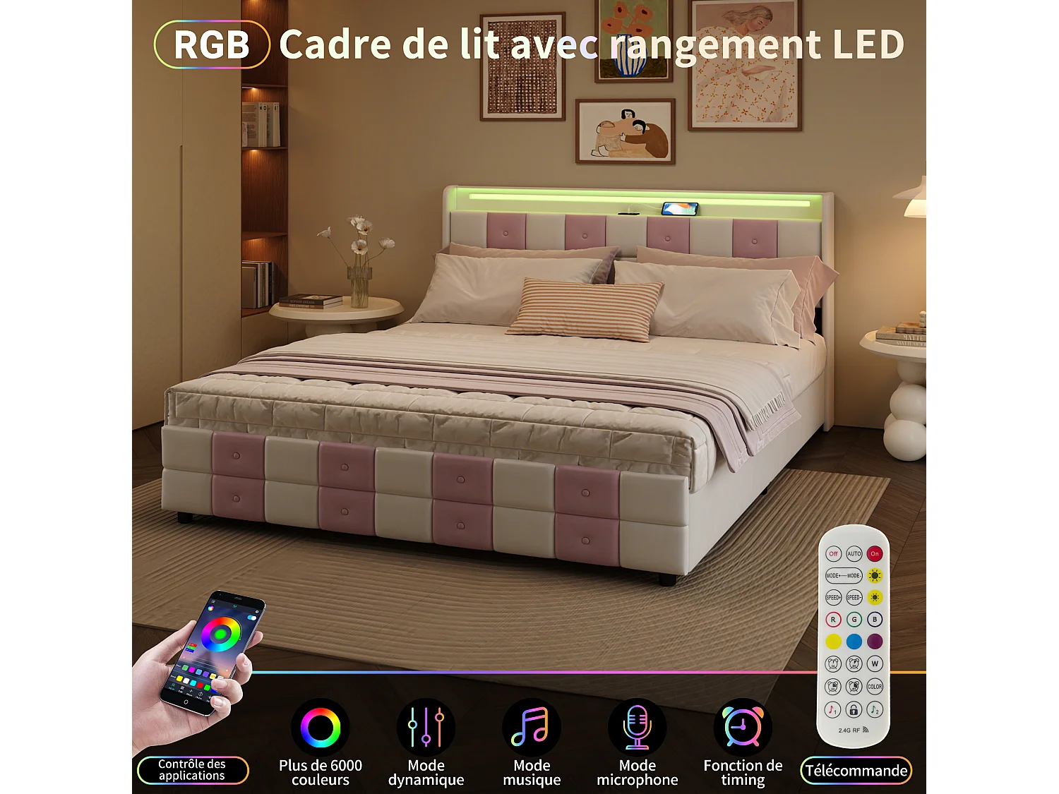 Lit coffre 140×200 cm avec LED RGB, tête de lit avec ports USB et 4 tiroirs de rangement – Velours doux – Design moderne
