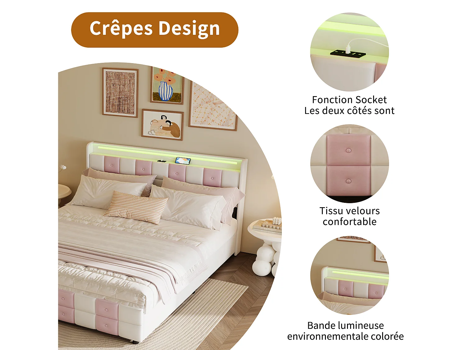 Lit coffre 140×200 cm avec LED RGB, tête de lit avec ports USB et 4 tiroirs de rangement – Velours doux – Design moderne