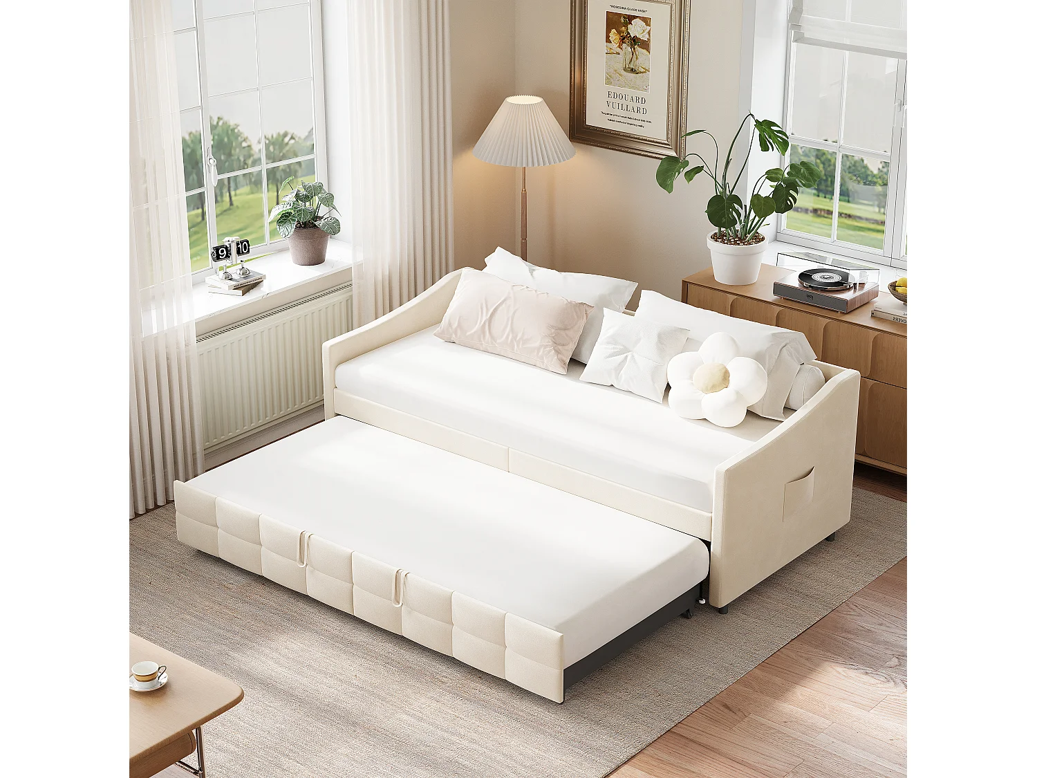 Canapé-lit 90×200 cm velours beige, convertible 180×200 cm avec mécanisme hydraulique et poche latérale