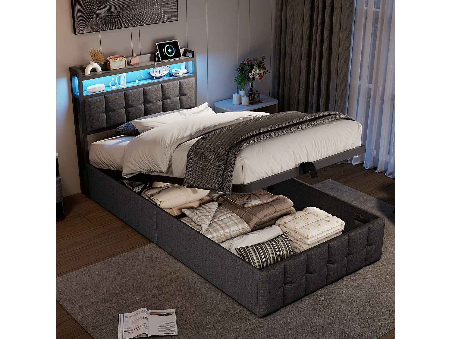 Lit 90x200 cm - avec tête de lit LED et rangement à gaz - chargeur USB-C et USB - éclairage RGB - tissu lin gris - lit double