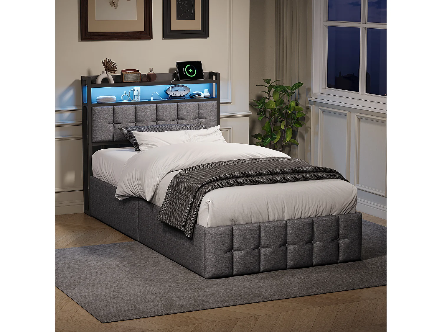 Lit 90x200 cm - avec tête de lit LED et rangement à gaz - chargeur USB-C et USB - éclairage RGB - tissu lin gris - lit double